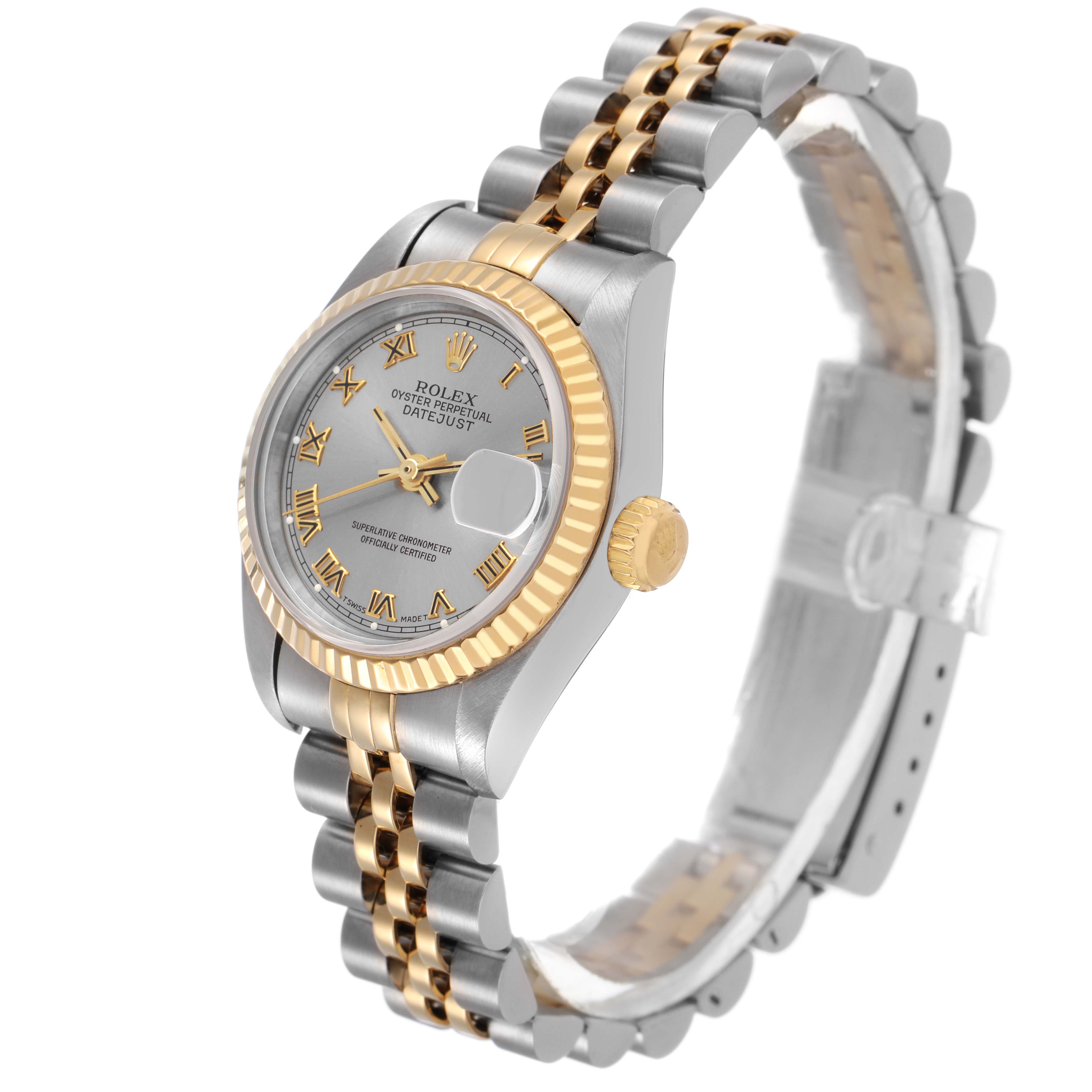 The image shows a Rolex Datejust 69173 Women's Stainless Steel Grey Dial watch at an angled side view, highlighting the bracelet, bezel, and crown.