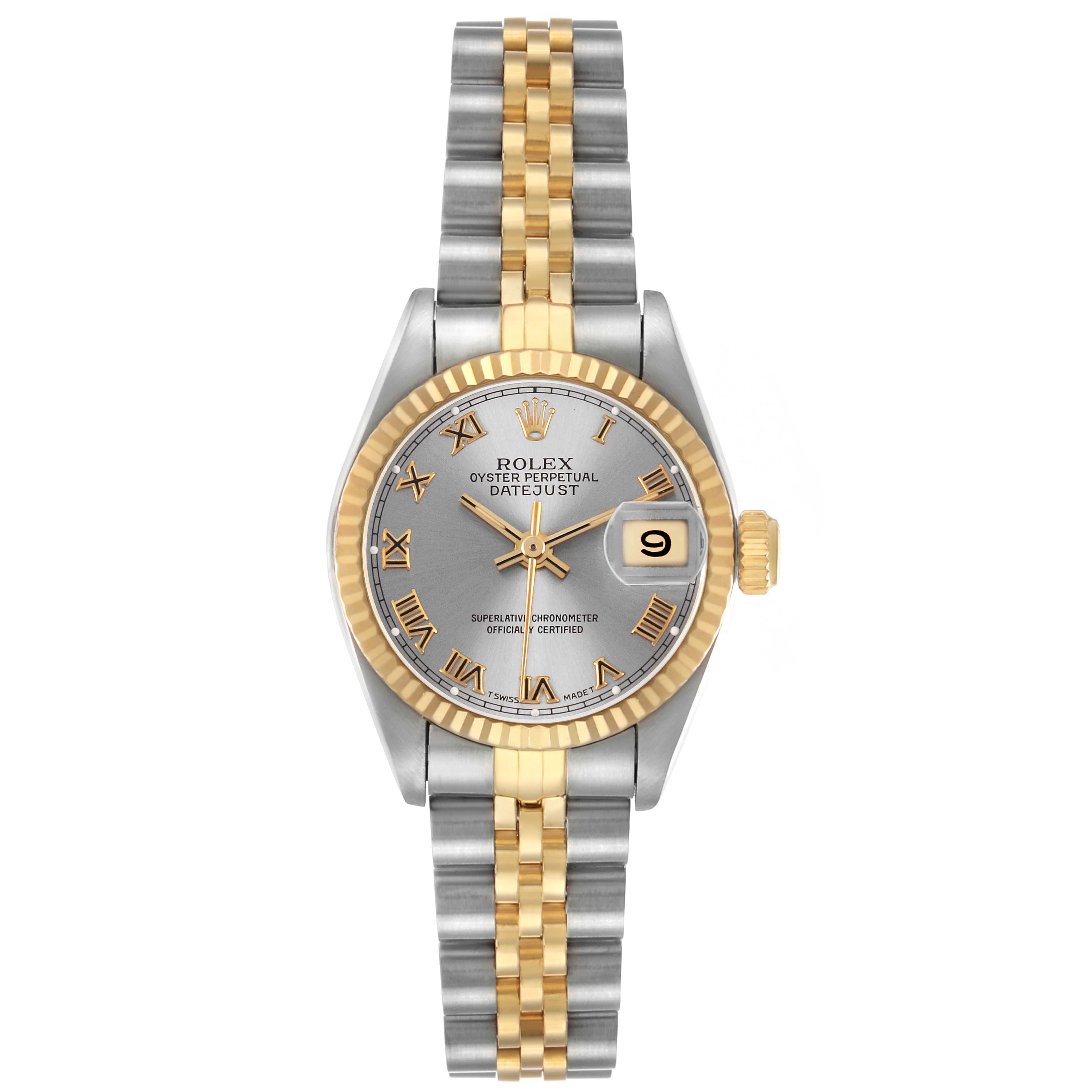 The Rolex Datejust 69173 Women's Stainless Steel Grey Dial watch is shown from the front, displaying the dial, bezel, case, bracelet, and crown.