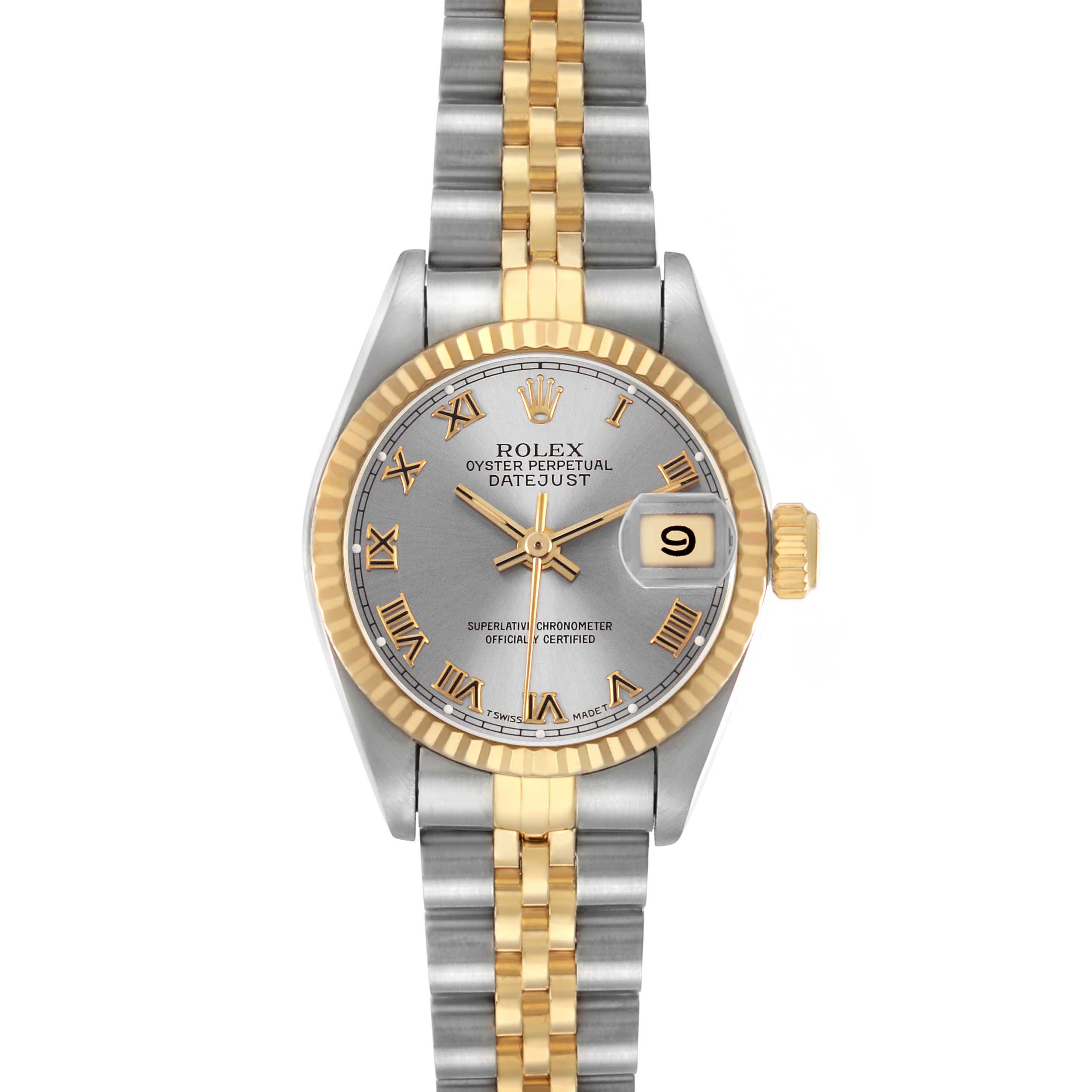 The Rolex Datejust 69173 Women's Stainless Steel Grey Dial watch is shown from a top-down angle, highlighting the face, fluted bezel, crown, and two-tone Jubilee bracelet.