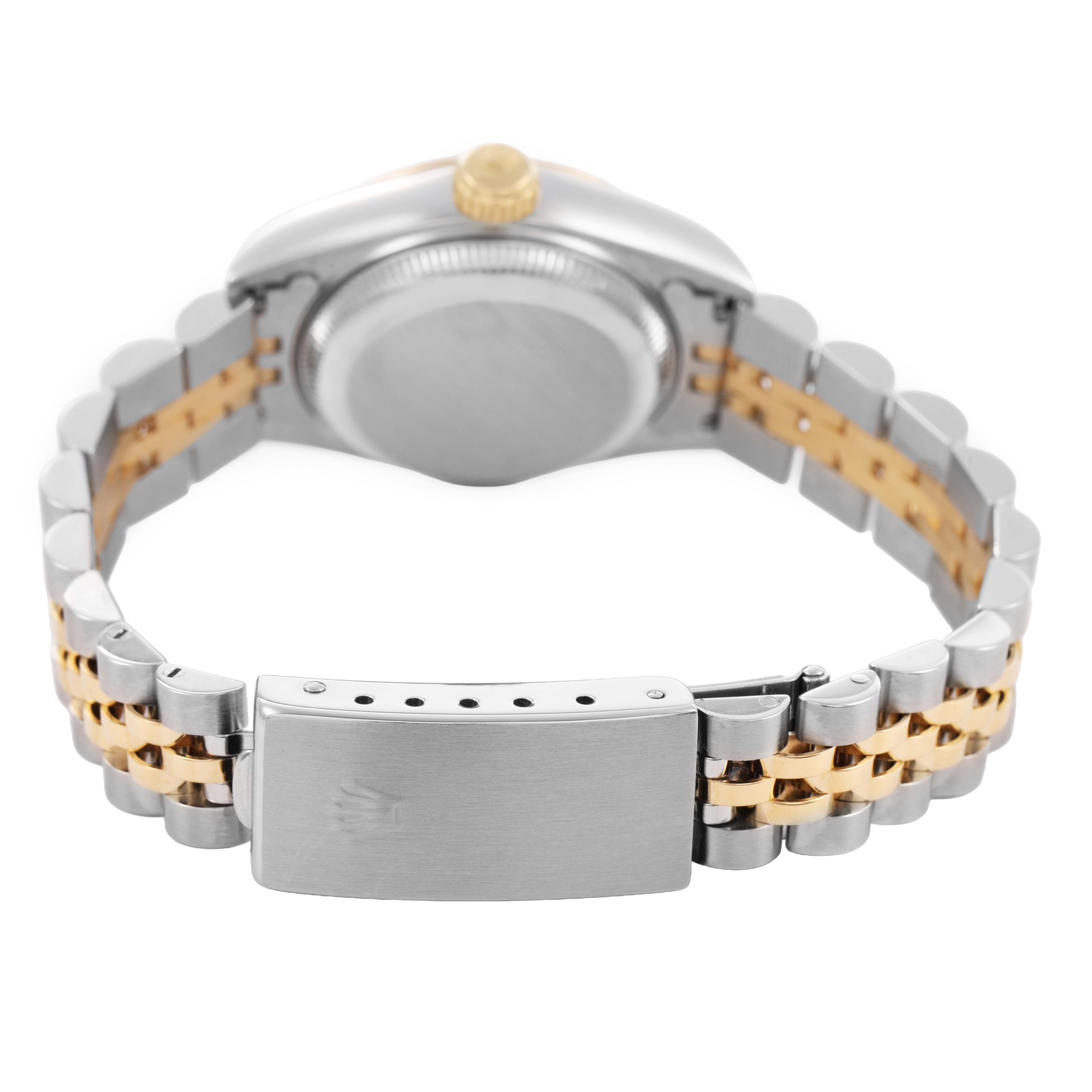 The image shows the back view of a Rolex Datejust 69173 Women's Stainless Steel Grey Dial watch, focusing on the clasp, bracelet, and case back.