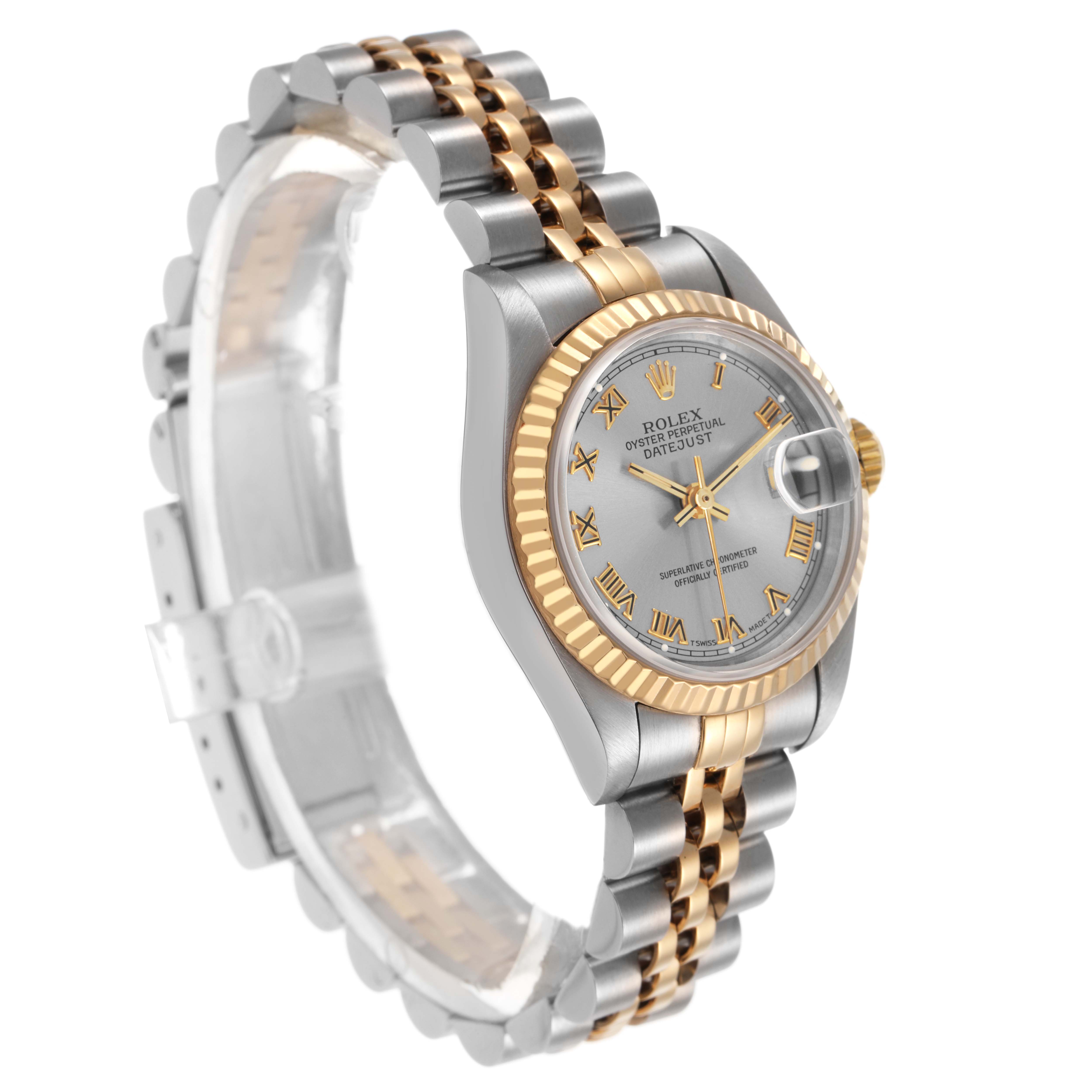 The Rolex Datejust 69173 Women's Stainless Steel Grey Dial watch is shown at a three-quarter angle, highlighting its dial, bezel, and jubilee bracelet.