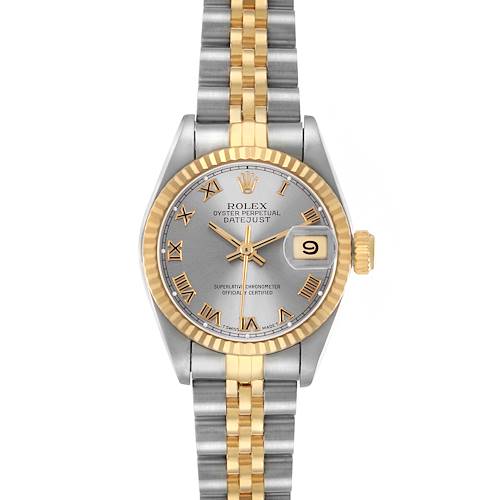 The Rolex Datejust 69173 Women's Stainless Steel Grey Dial watch is shown from a top-down angle, highlighting its dial, fluted bezel, bracelet, and date window.