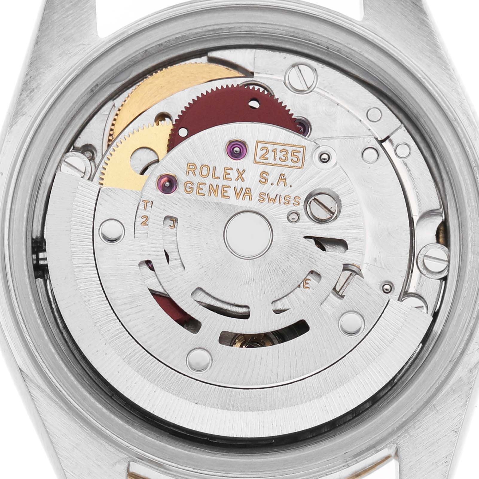 The image shows the movement mechanism of a Rolex Datejust 69173 Women's Stainless Steel Grey Dial watch from the back angle.