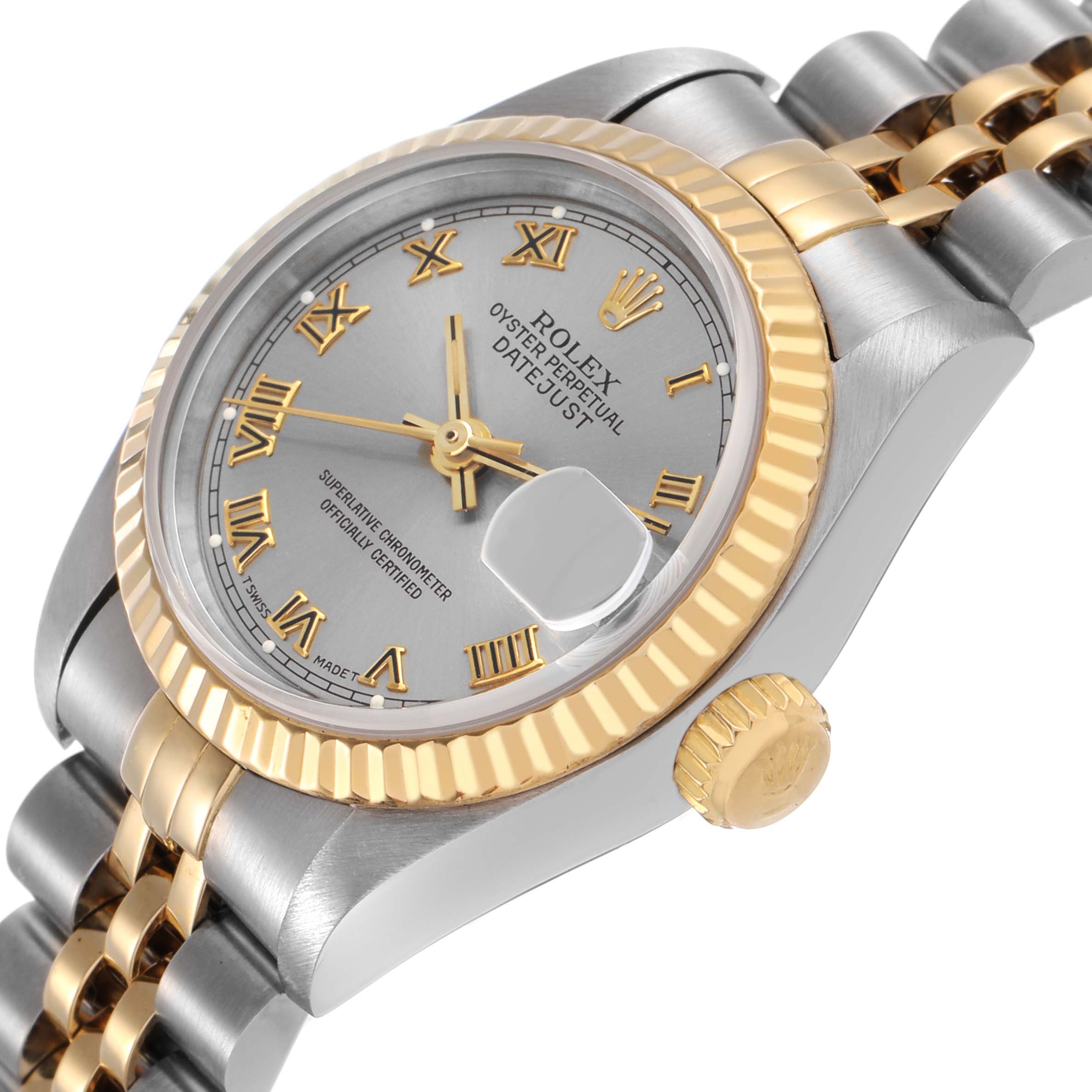 The Rolex Datejust 69173 Women's Stainless Steel Grey Dial watch is shown at an angle highlighting the dial, bezel, crown, and part of the bracelet.