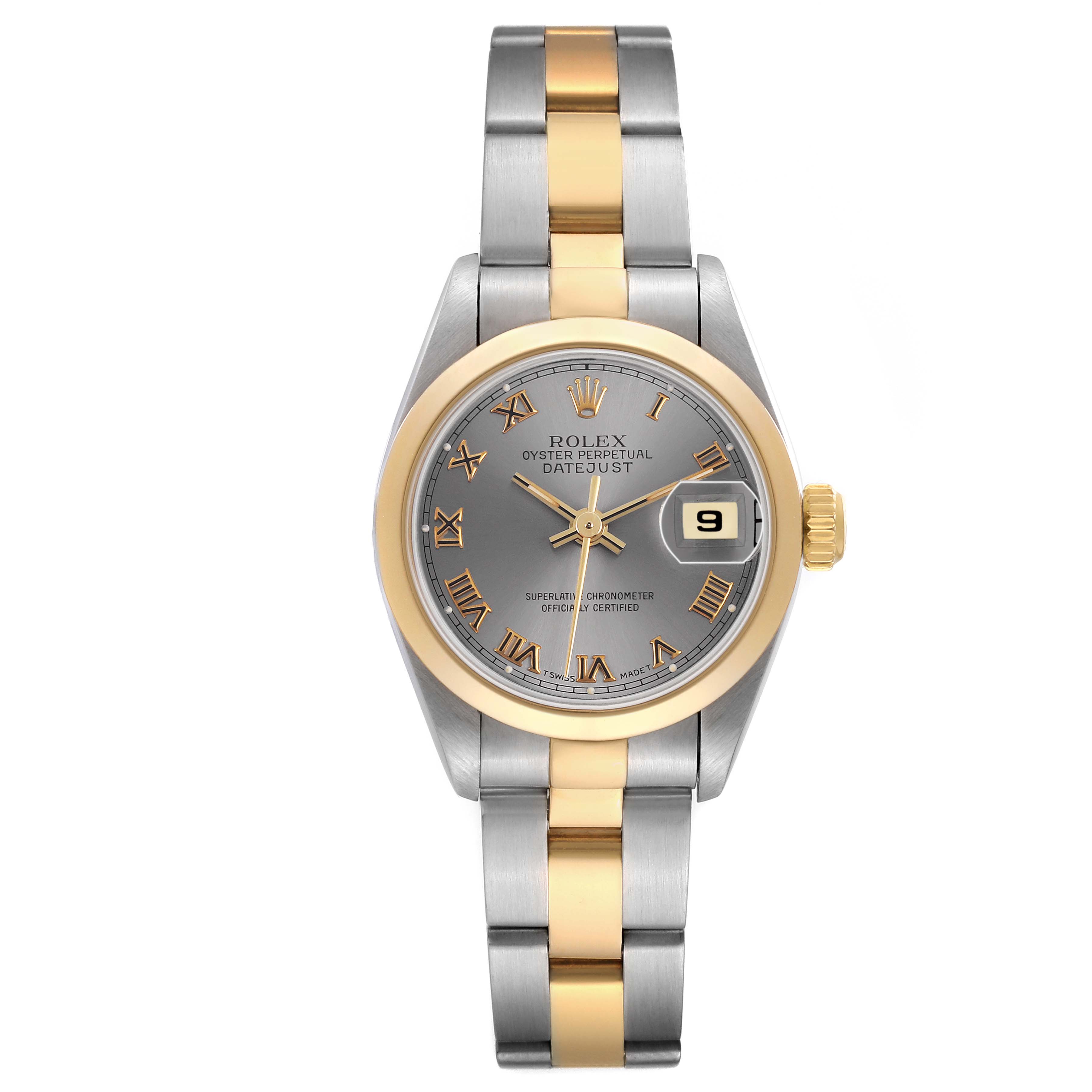 The Rolex Datejust 79163 Women's Steel and Gold (two tone) Grey Dial watch is shown from the front, highlighting the face, bezel, and bracelet.