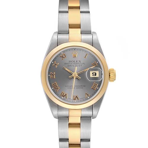 The Rolex Datejust 79163 Women's Steel and Gold (two tone) Grey Dial watch is shown from the front, displaying the dial, bezel, crown, and two-tone bracelet.