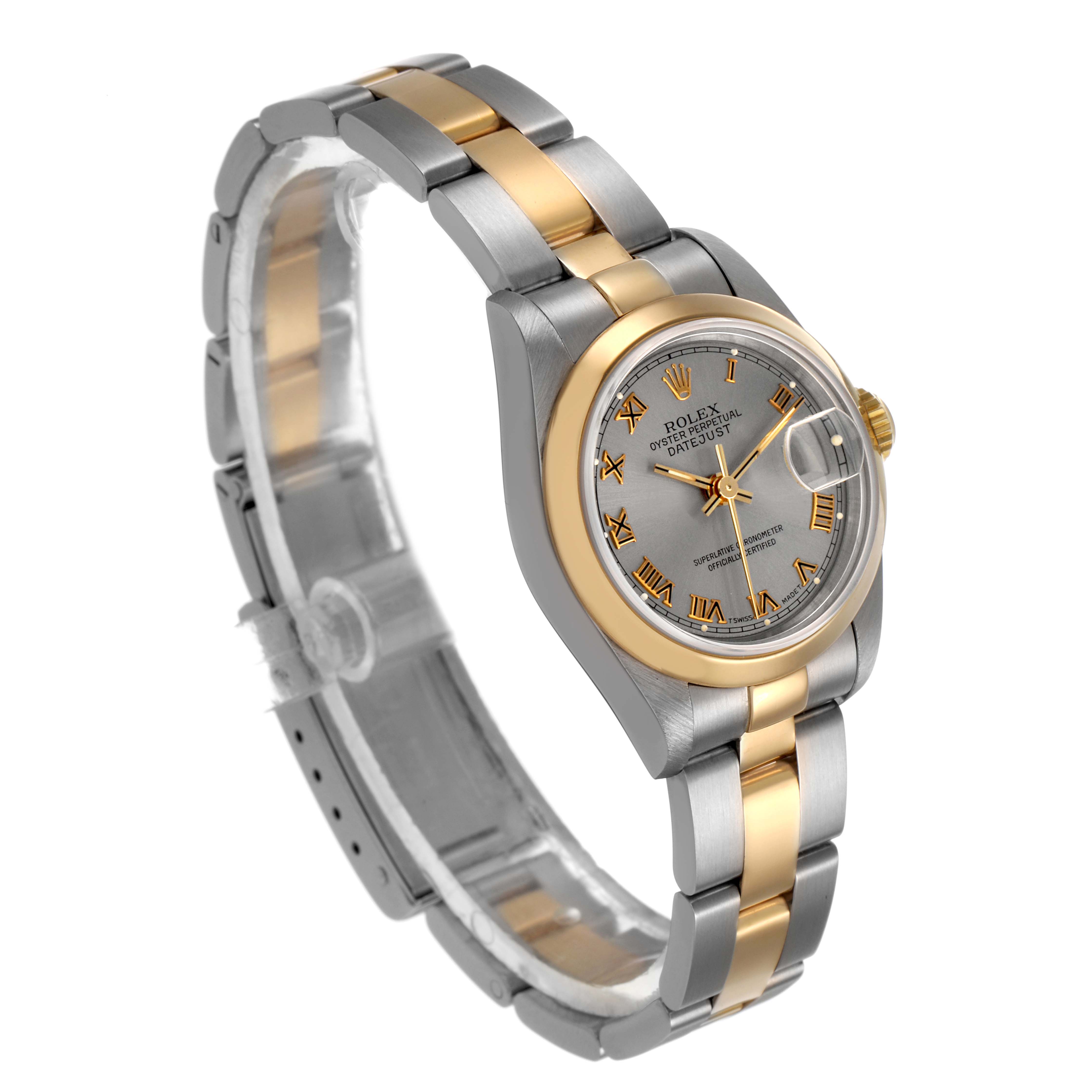 The Rolex Datejust 79163 Women's Steel and Gold (two tone) Grey Dial watch is shown at a three-quarter angle, highlighting the dial, bezel, bracelet, and crown.