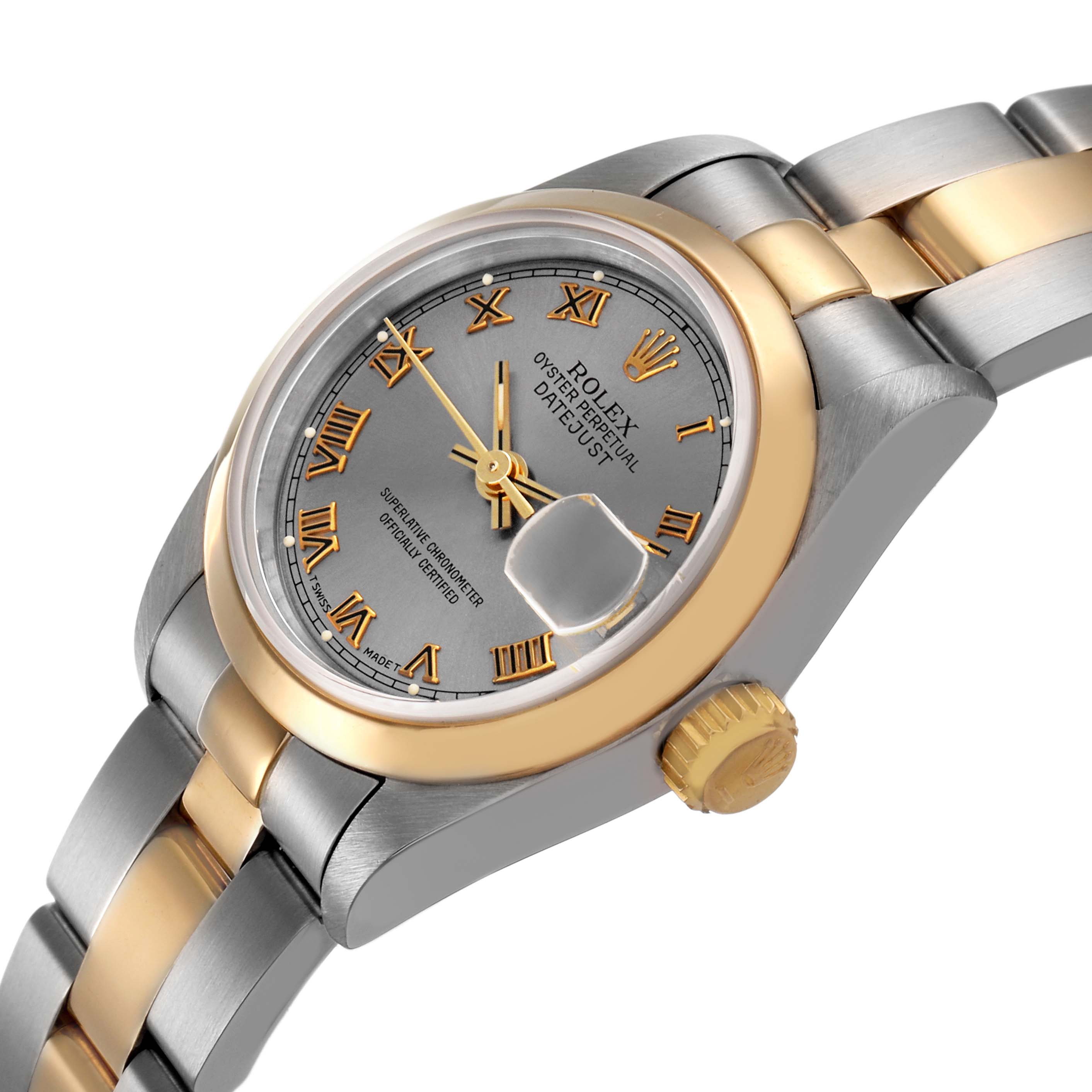 The Rolex Datejust 79163 Women's Steel and Gold (two tone) Grey Dial watch is shown at an angle highlighting its dial, bezel, crown, and part of the bracelet.