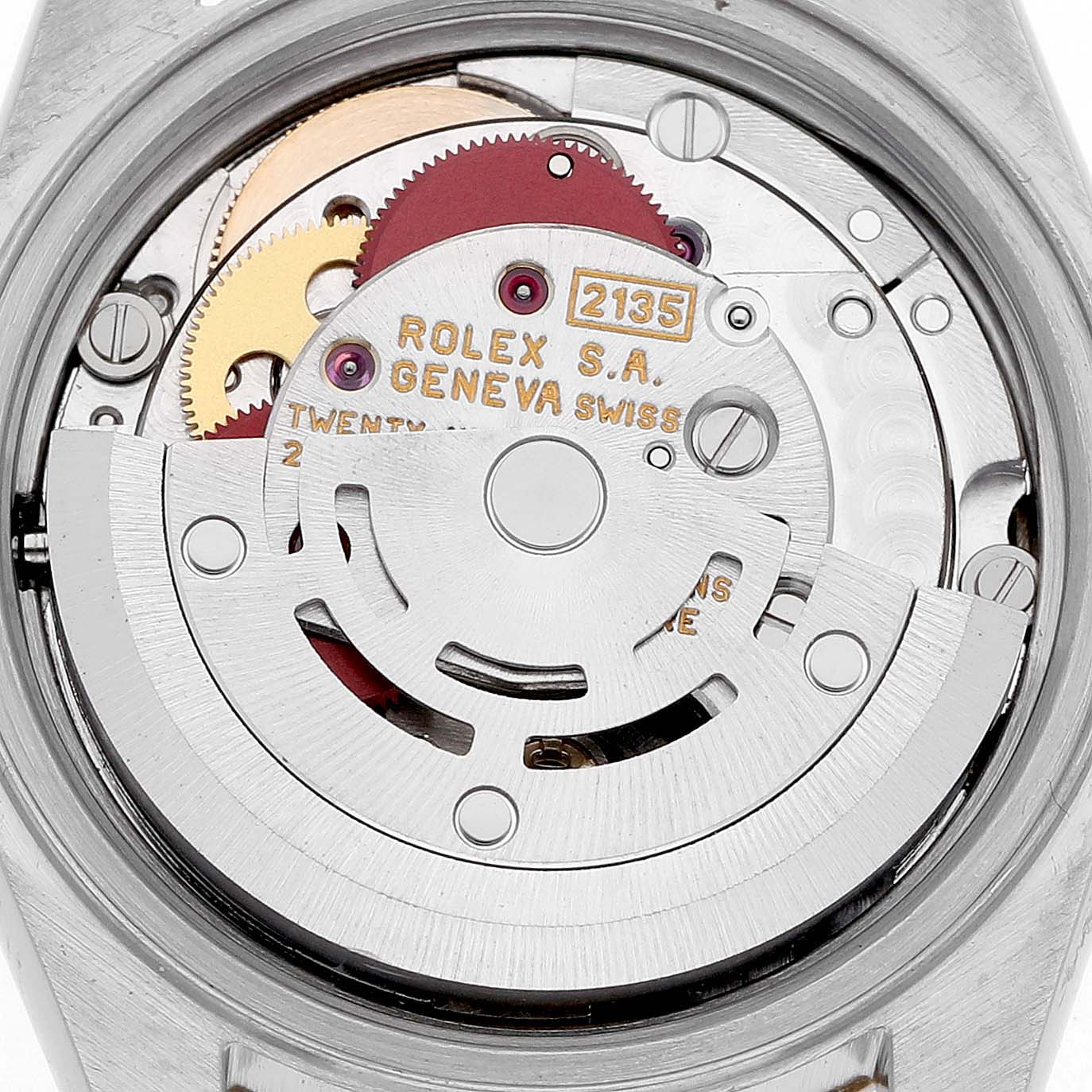 The image shows the inner movement of a Rolex Datejust 79163 Women's Steel and Gold (two tone) Grey Dial watch from a top-down angle, highlighting gears and inscriptions.