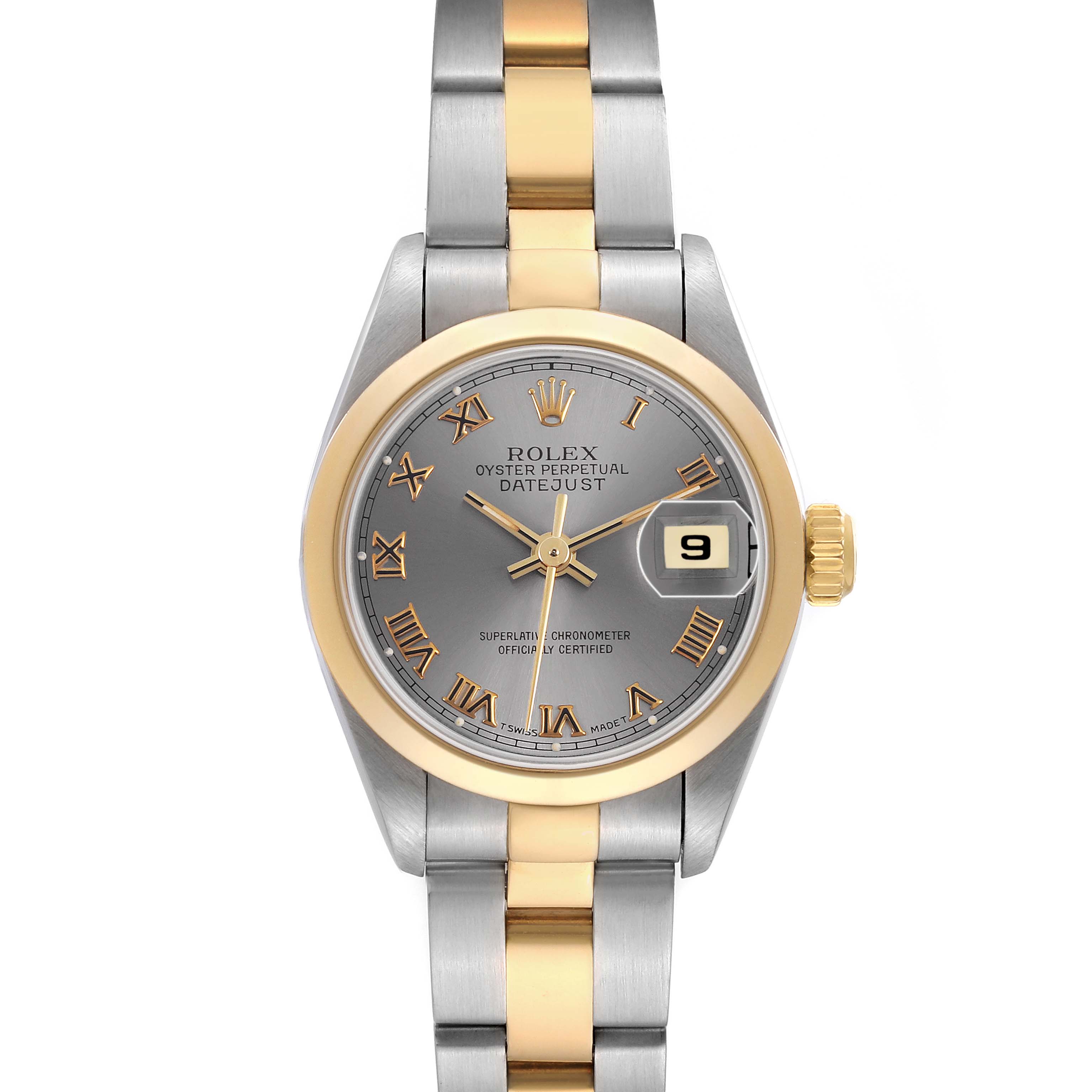 The Rolex Datejust 79163 Women's Steel and Gold (two tone) Grey Dial watch is shown from the front, highlighting the two-tone bracelet, dial, and date feature.