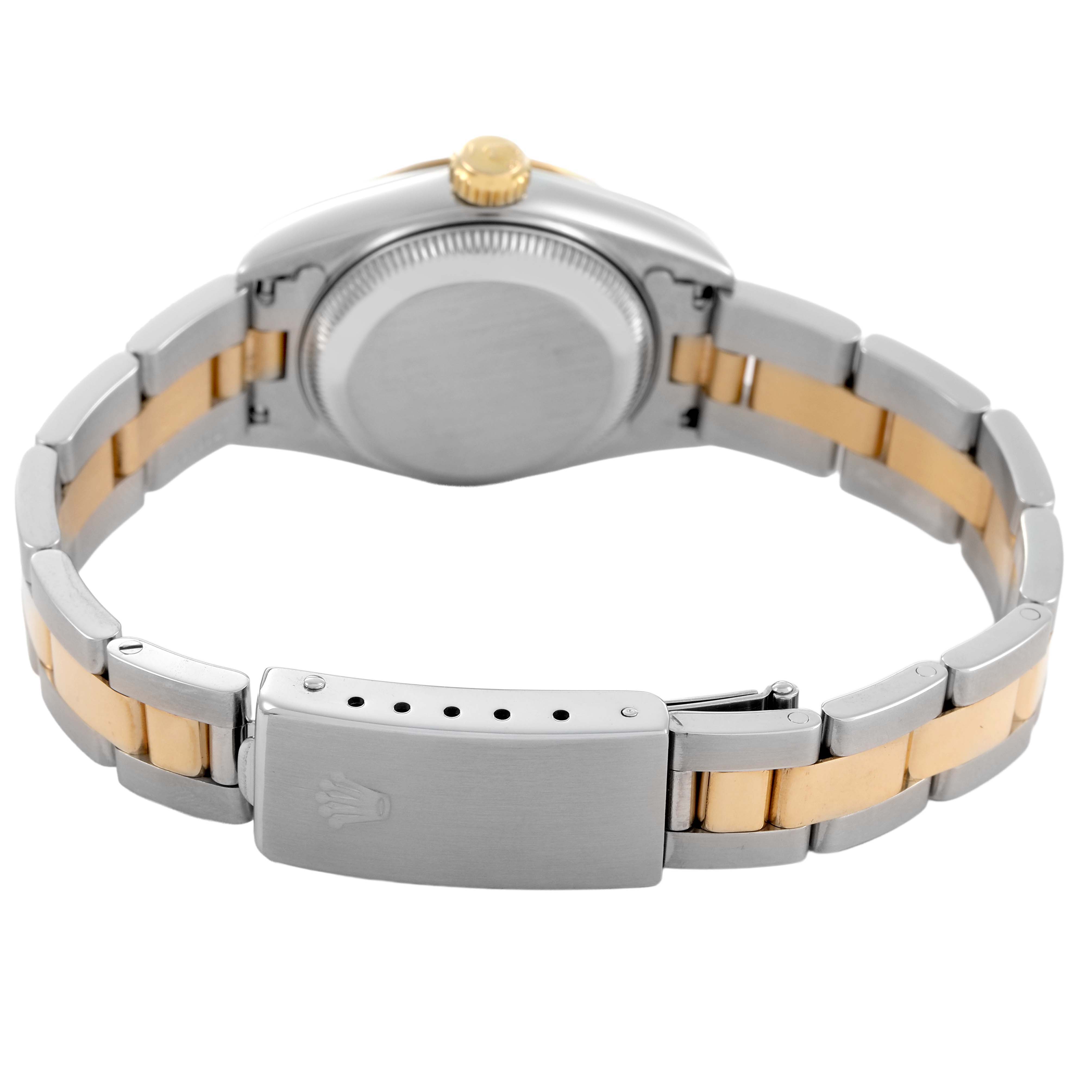 The Rolex Datejust 79163 Women's Steel and Gold (two tone) Grey Dial is shown from the back, highlighting the clasp, bracelet, and case back.