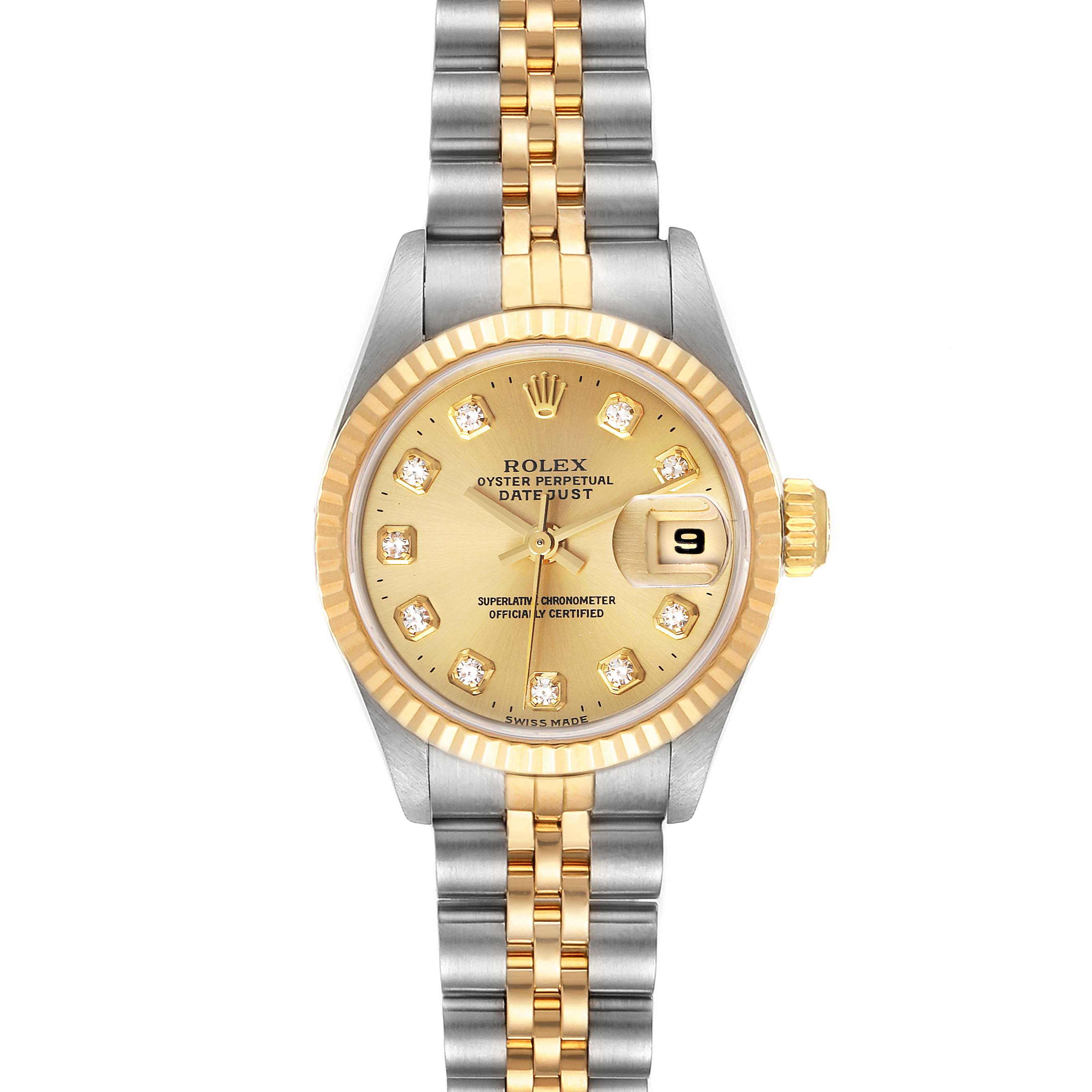 The image shows a front view of a Rolex Datejust 69173 Women
s Steel and Gold (two tone) Champagne Dial 69173 Women
s Steel and Gold (two tone) Champagne Dial watch, displaying its gold dial, date window, and two-tone bracelet.