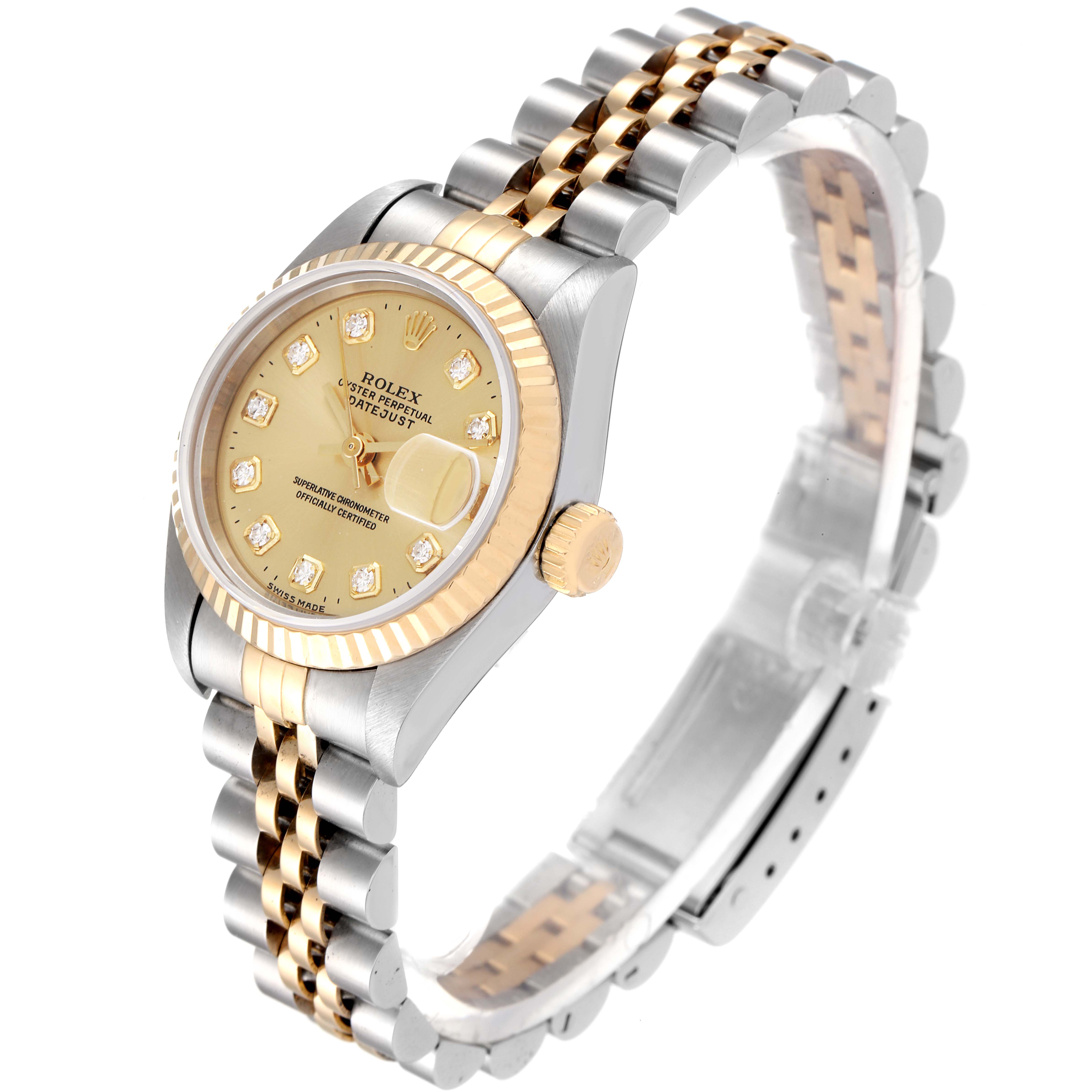 The Rolex Datejust 69173 Women
s Steel and Gold (two tone) Champagne Dial 69173 Women
s Steel and Gold (two tone) Champagne Dial watch is shown at a three-quarter angle, highlighting the gold and silver bracelet, champagne dial, and fluted bezel.