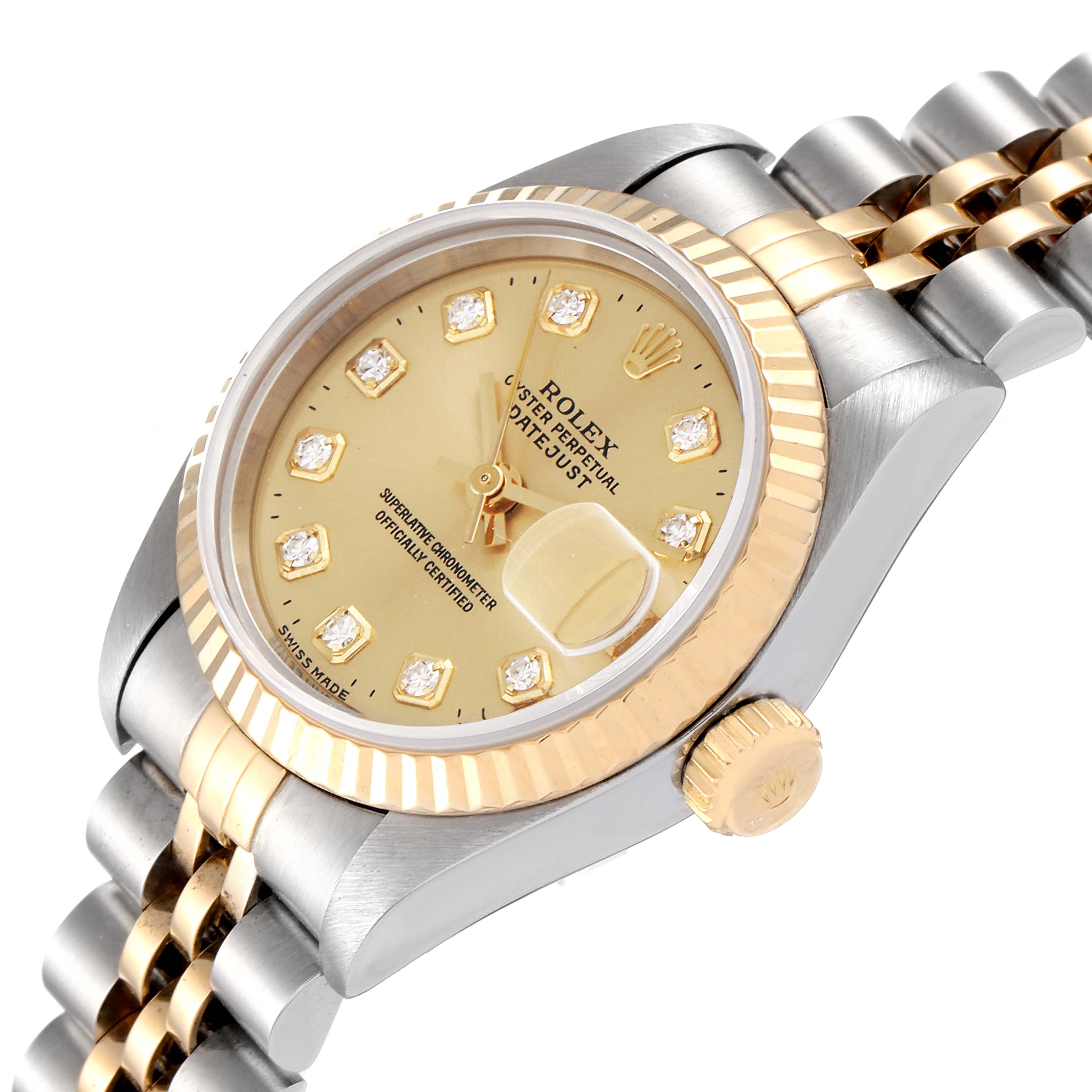 The image shows a close-up angled view of a Rolex Datejust 69173 Women
s Steel and Gold (two tone) Champagne Dial 69173 Women
s Steel and Gold (two tone) Champagne Dial watch, highlighting the dial, bezel, and part of the bracelet.