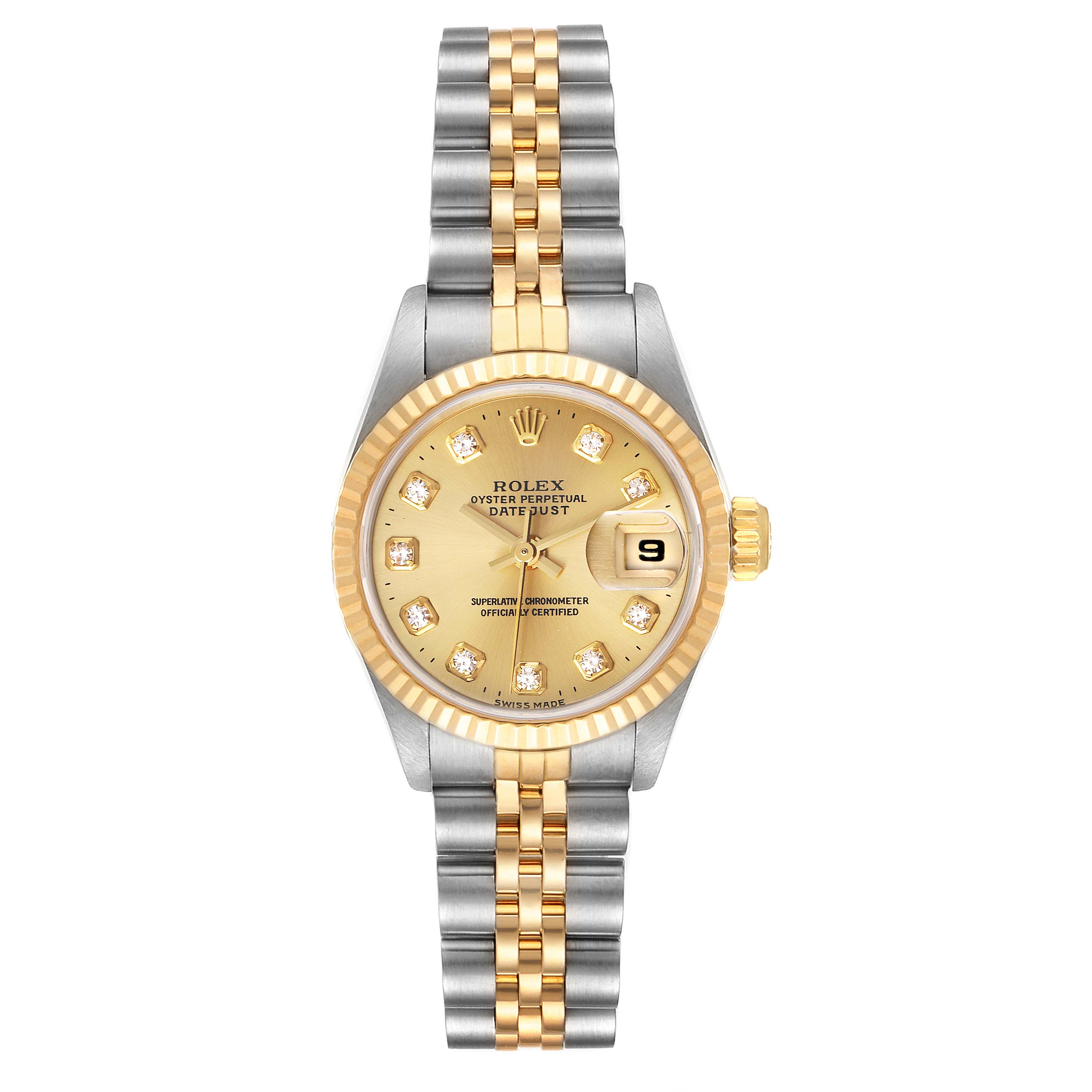 The Rolex Datejust 69173 Women
s Steel and Gold (two tone) Champagne Dial 69173 Women
s Steel and Gold (two tone) Champagne Dial watch is shown from a straight-on angle, displaying the face, bezel, and bracelet clearly.