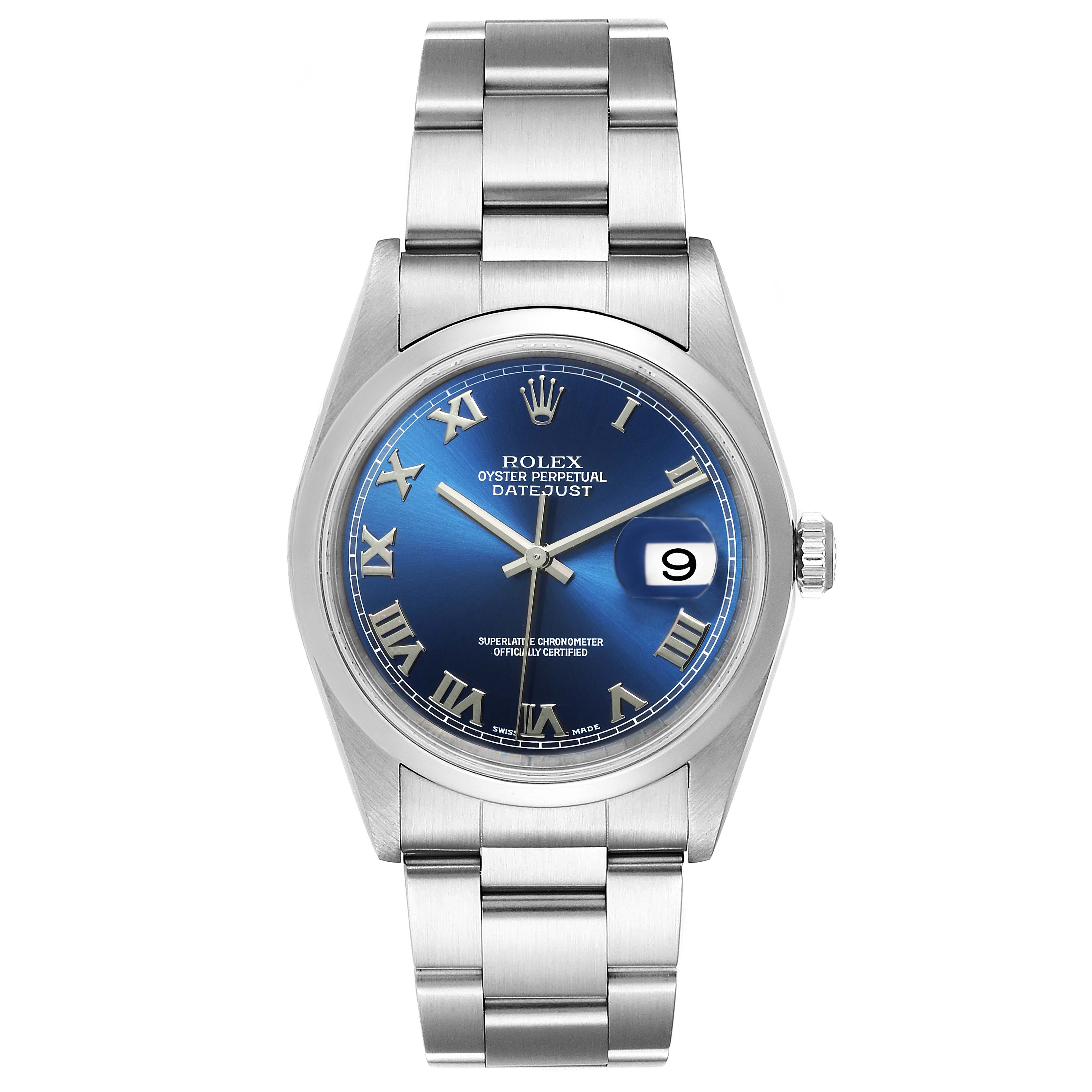 The image shows a front-facing view of the Rolex Datejust 16200 Men's Stainless Steel Blue Dial 16200 Men's Stainless Steel Blue Dial watch with a blue dial and silver bracelet.