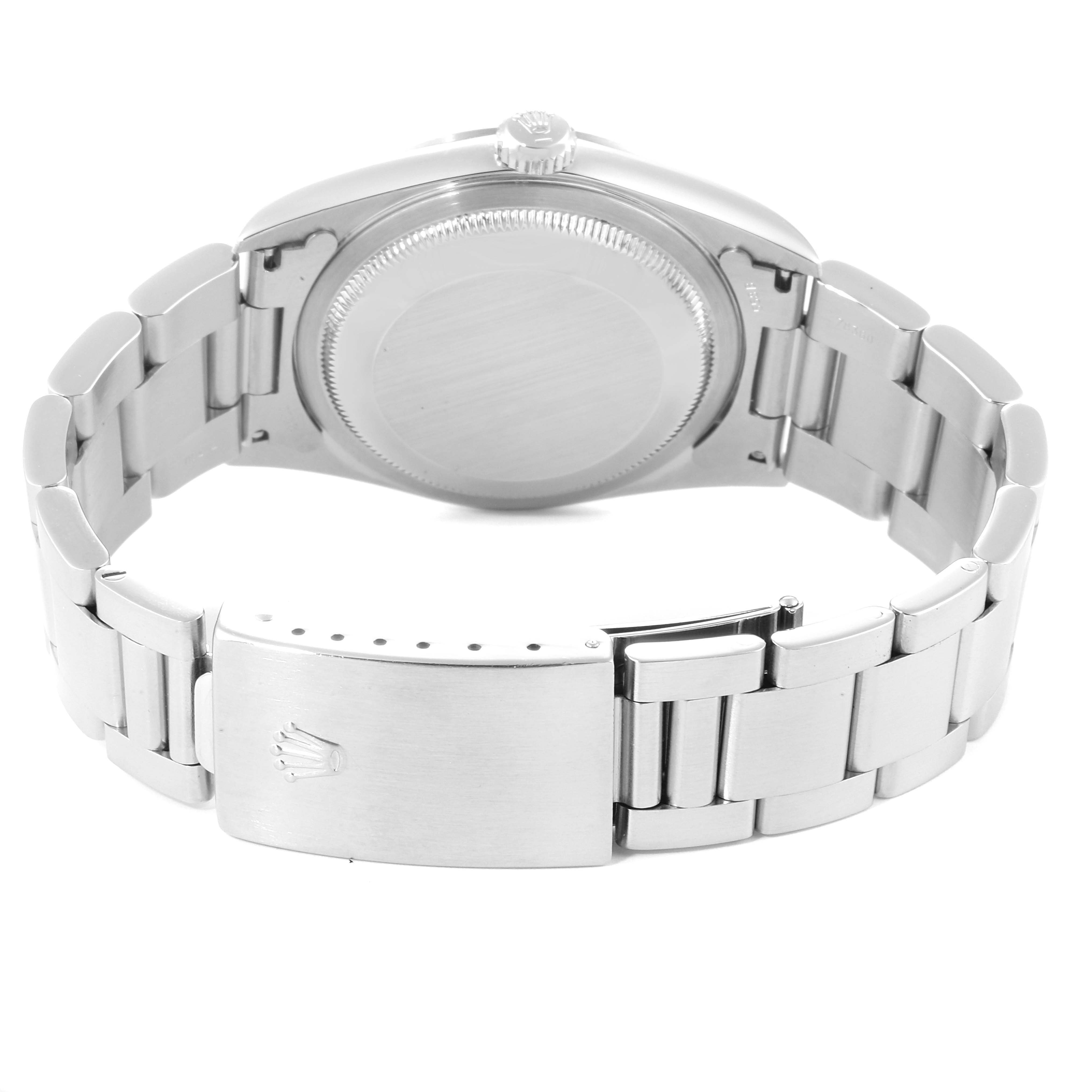 This image shows the back and band of a Rolex Datejust 16200 Men's Stainless Steel Blue Dial 16200 Men's Stainless Steel Blue Dial watch, highlighting the clasp and case-back.