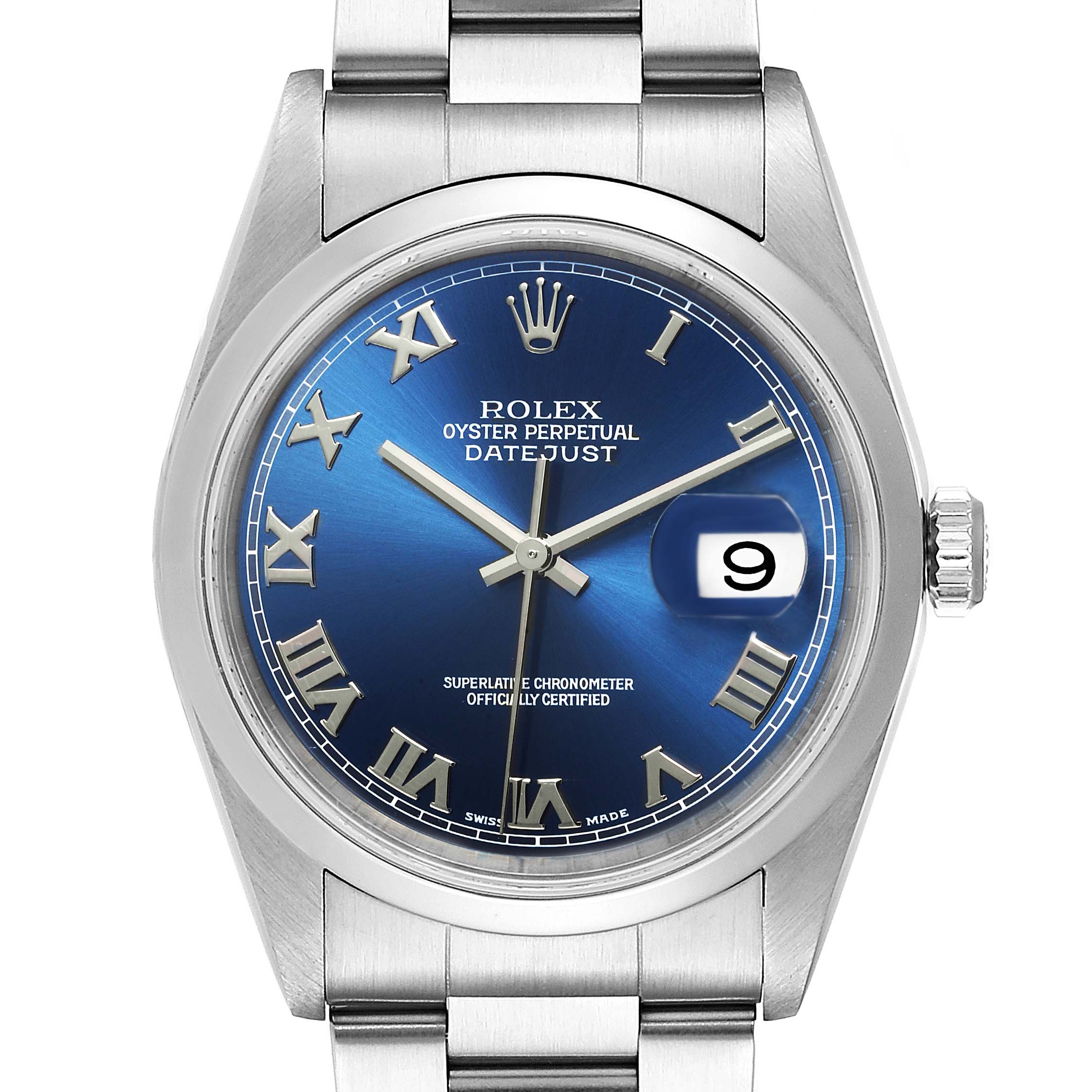 The image shows a front view of a Rolex Datejust 16200 Men's Stainless Steel Blue Dial 16200 Men's Stainless Steel Blue Dial watch with a blue dial, Roman numerals, and a date window at 3 o'clock.