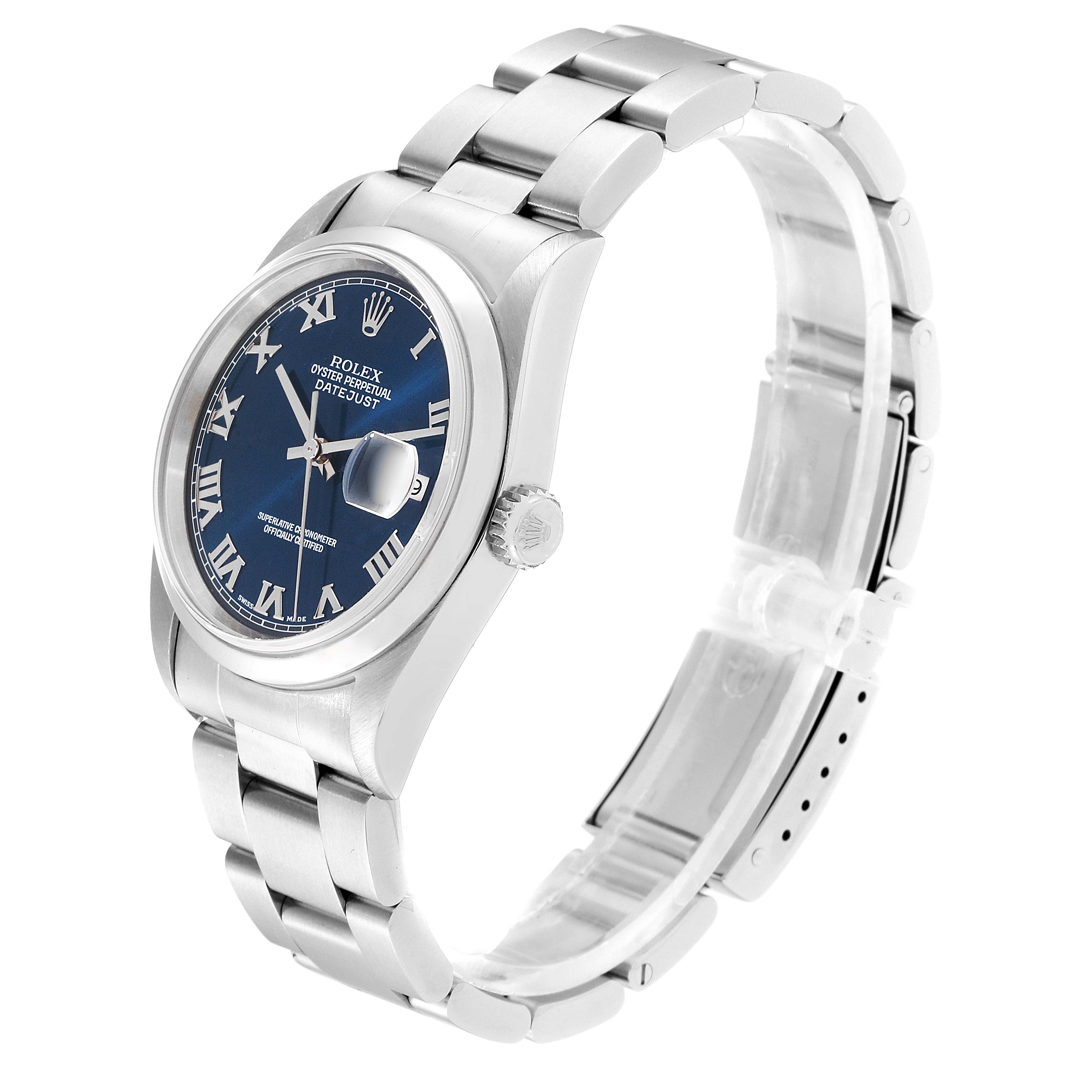 This image shows a side angle of a Rolex Datejust 16200 Men's Stainless Steel Blue Dial 16200 Men's Stainless Steel Blue Dial watch, featuring its blue dial, watch case, and stainless steel bracelet.