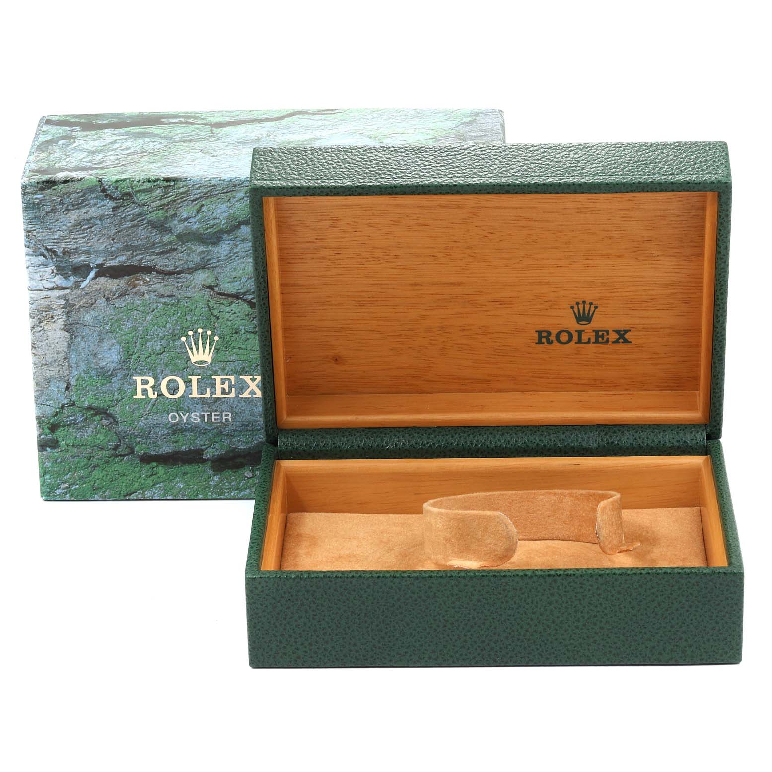 This image shows an open green and wooden Rolex box designed for the Datejust model, with a green textured exterior and beige interior.