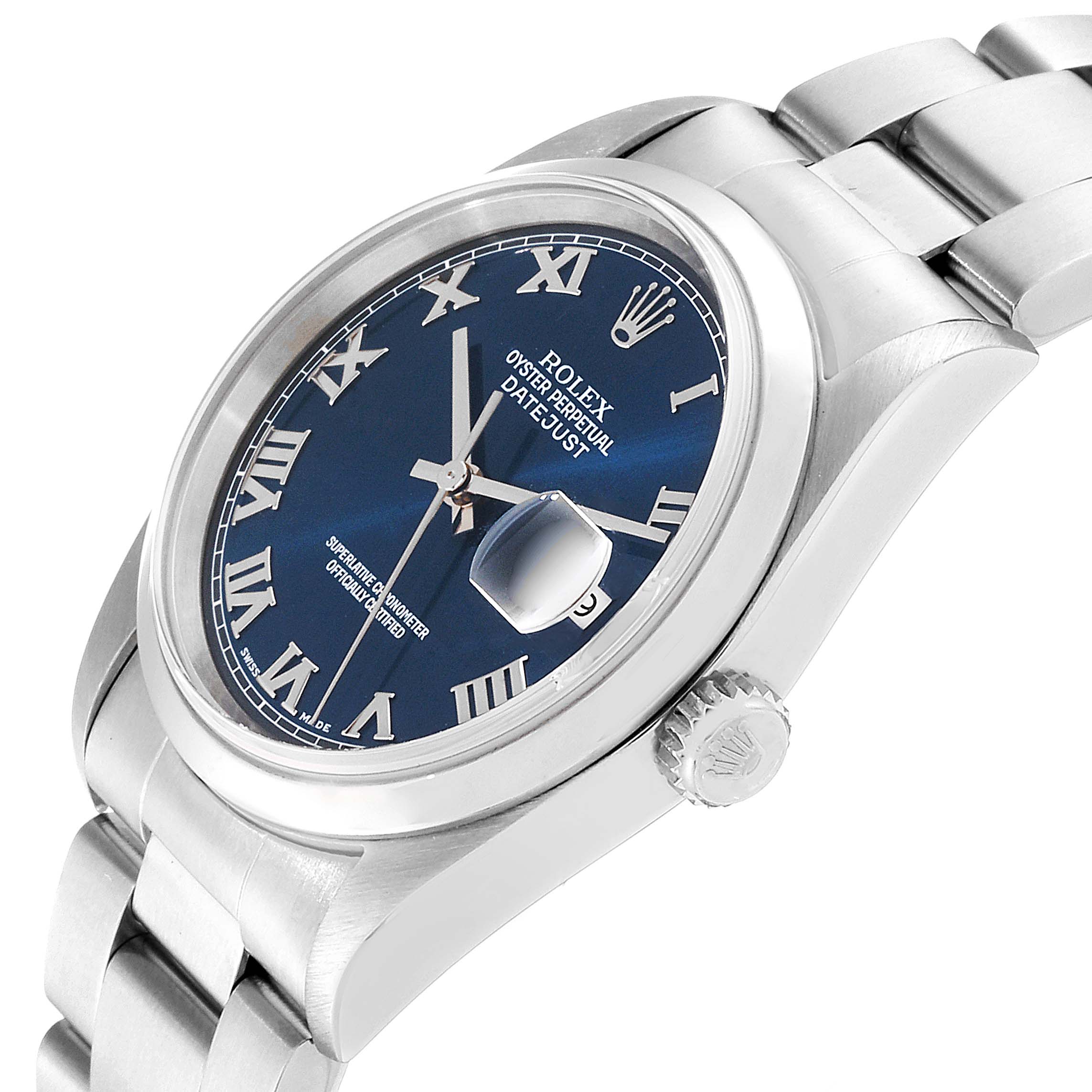 The image shows a side-view angle of the Rolex Datejust 16200 Men's Stainless Steel Blue Dial 16200 Men's Stainless Steel Blue Dial, highlighting its dial, bezel, crown, and part of the bracelet.