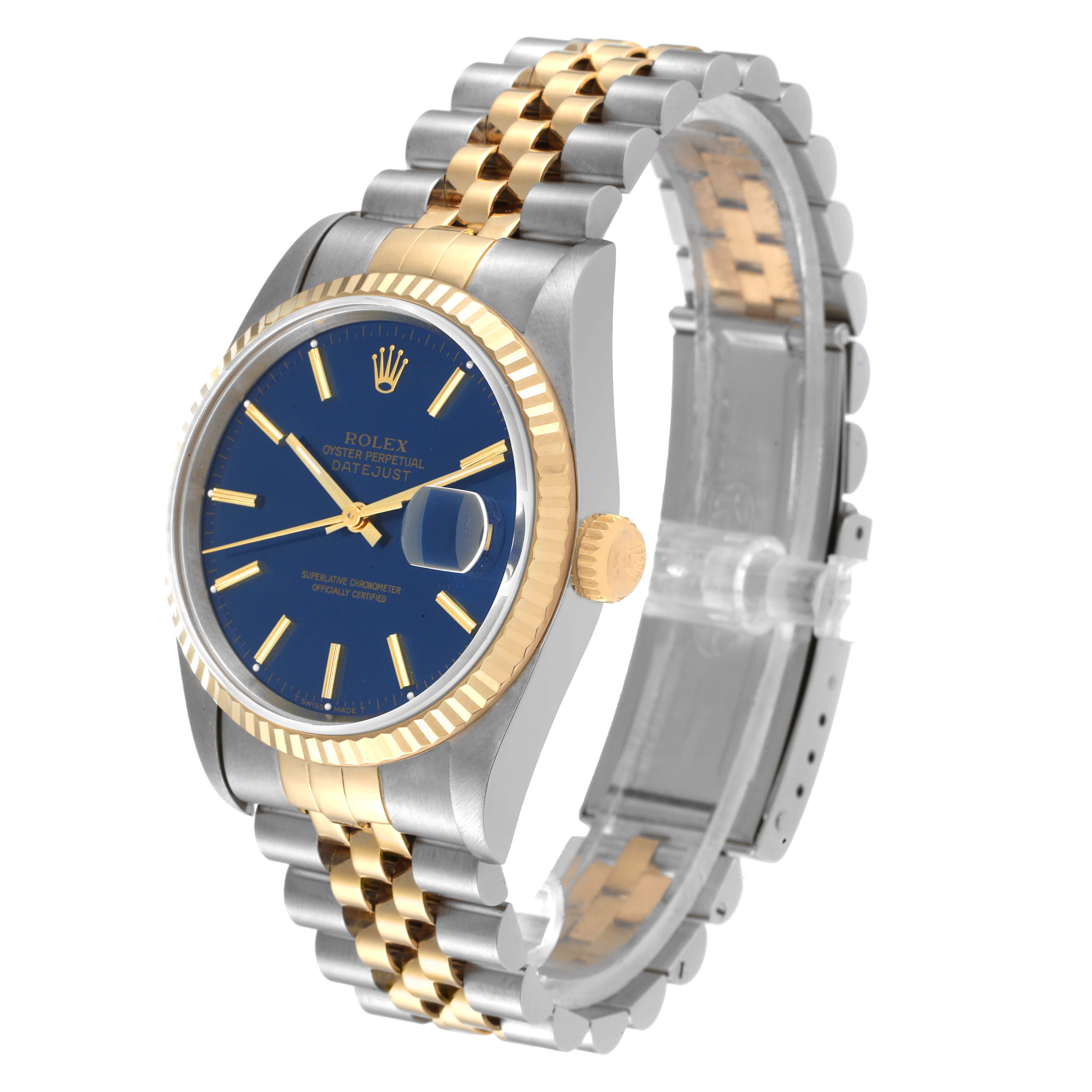 The Rolex Datejust 16233 Men's Steel and Gold (two tone) Blue Dial 16233 Men's Steel and Gold (two tone) Blue Dial watch is shown at an angle that highlights the gold and silver bracelet, blue dial, and date magnifier.