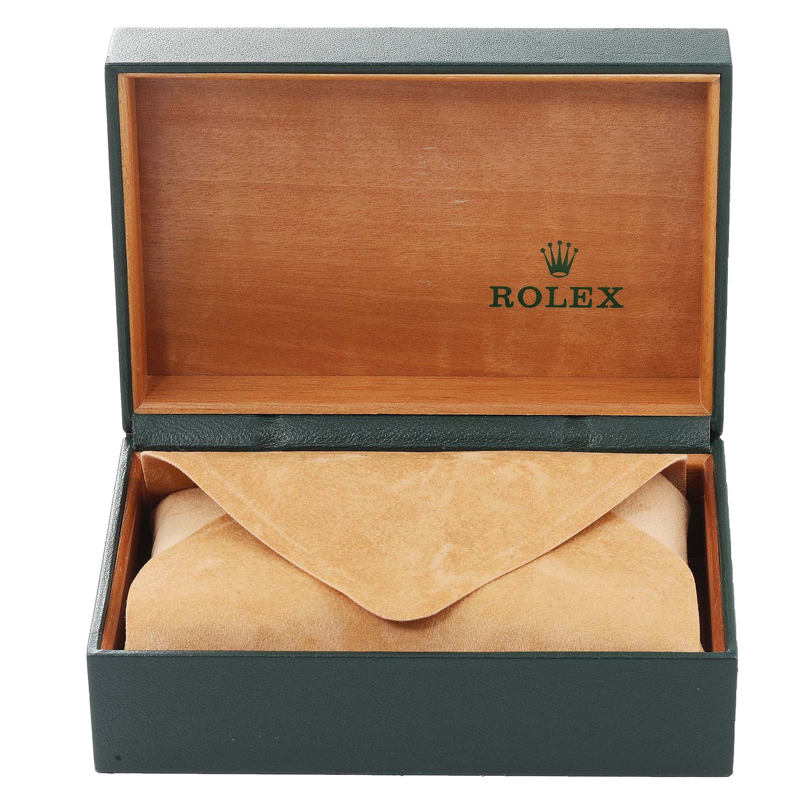 The image shows a Rolex Datejust 16233 Men's Steel and Gold (two tone) Blue Dial 16233 Men's Steel and Gold (two tone) Blue Dial watch box, with the lid open and a wrapped watch inside.