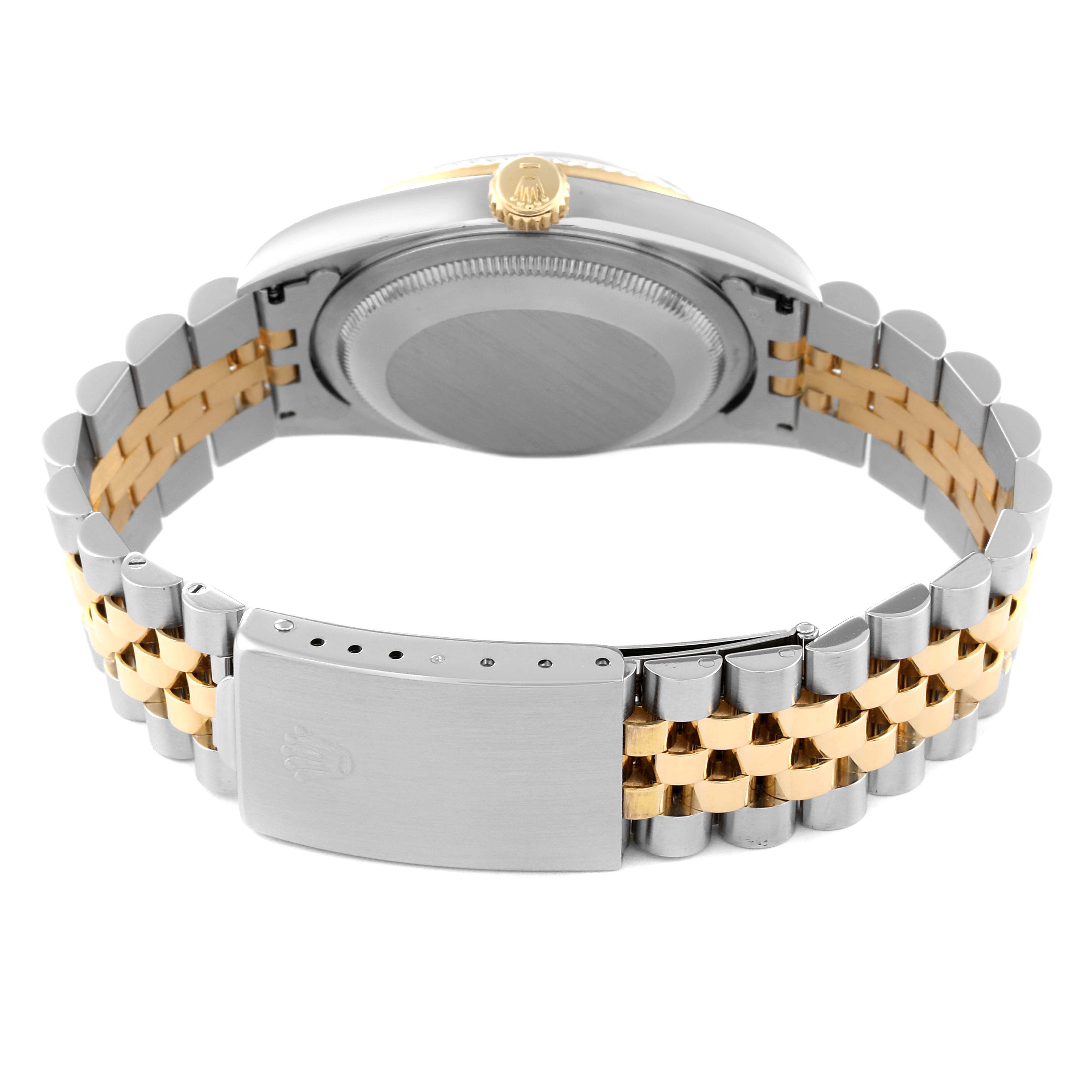 This image shows the back view of a Rolex Datejust 16233 Men's Steel and Gold (two tone) Blue Dial 16233 Men's Steel and Gold (two tone) Blue Dial watch, including the case back and Jubilee bracelet.