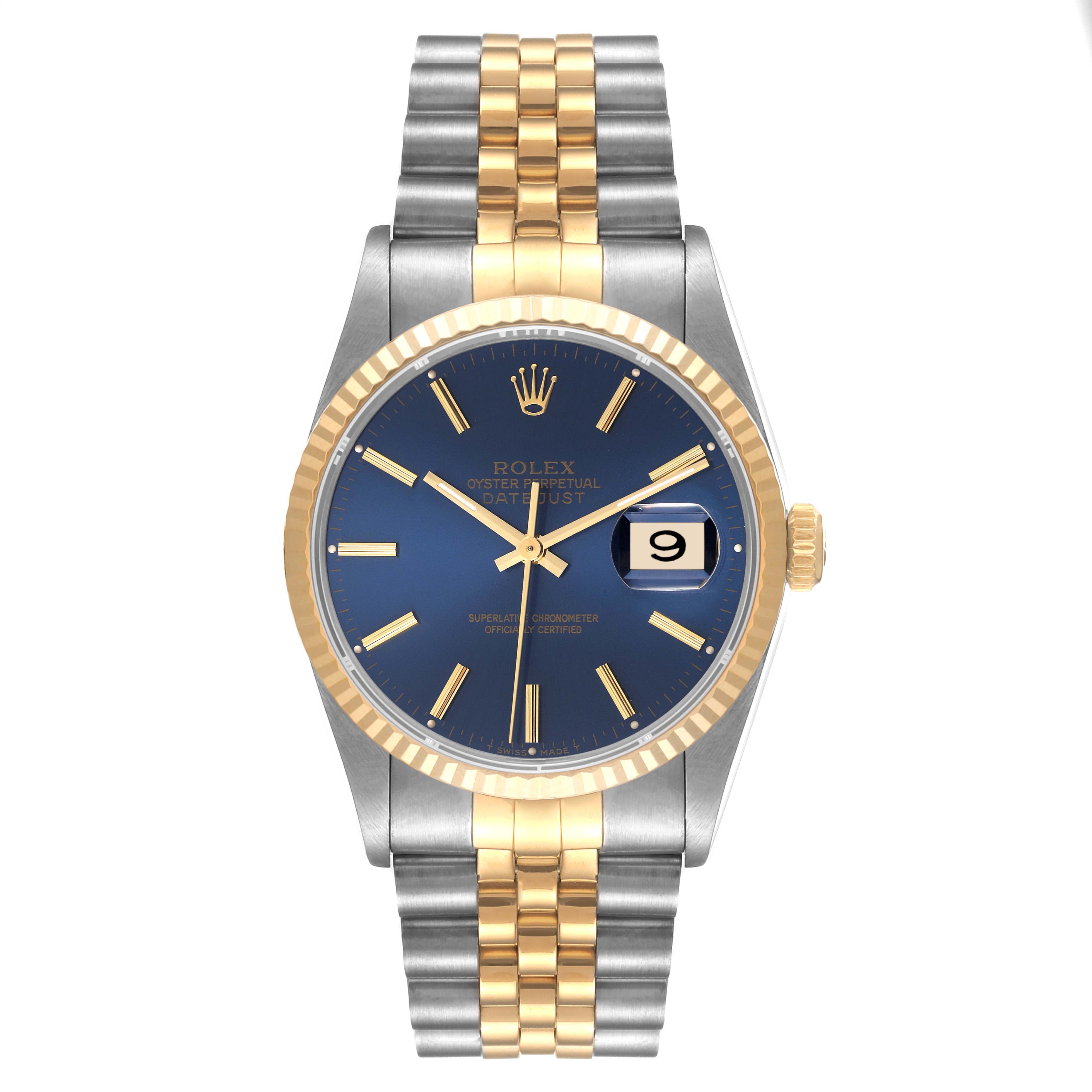 The image shows a frontal view of a Rolex Datejust 16233 Men's Steel and Gold (two tone) Blue Dial 16233 Men's Steel and Gold (two tone) Blue Dial watch with a blue dial and a two-tone stainless steel and gold Jubilee bracelet.