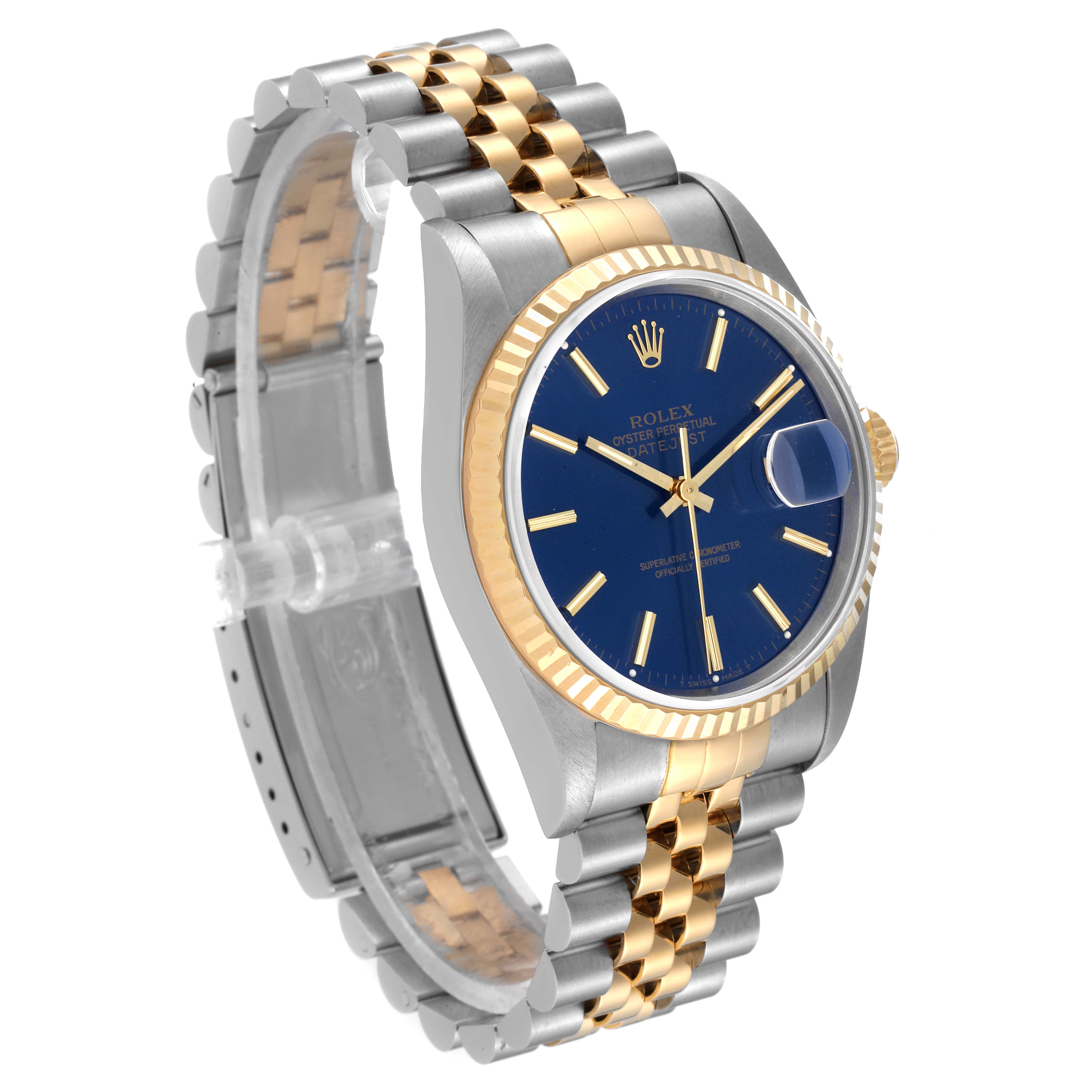 The image shows a Rolex Datejust 16233 Men's Steel and Gold (two tone) Blue Dial 16233 Men's Steel and Gold (two tone) Blue Dial watch from a three-quarter angle, displaying the face, bezel, crown, and bracelet.