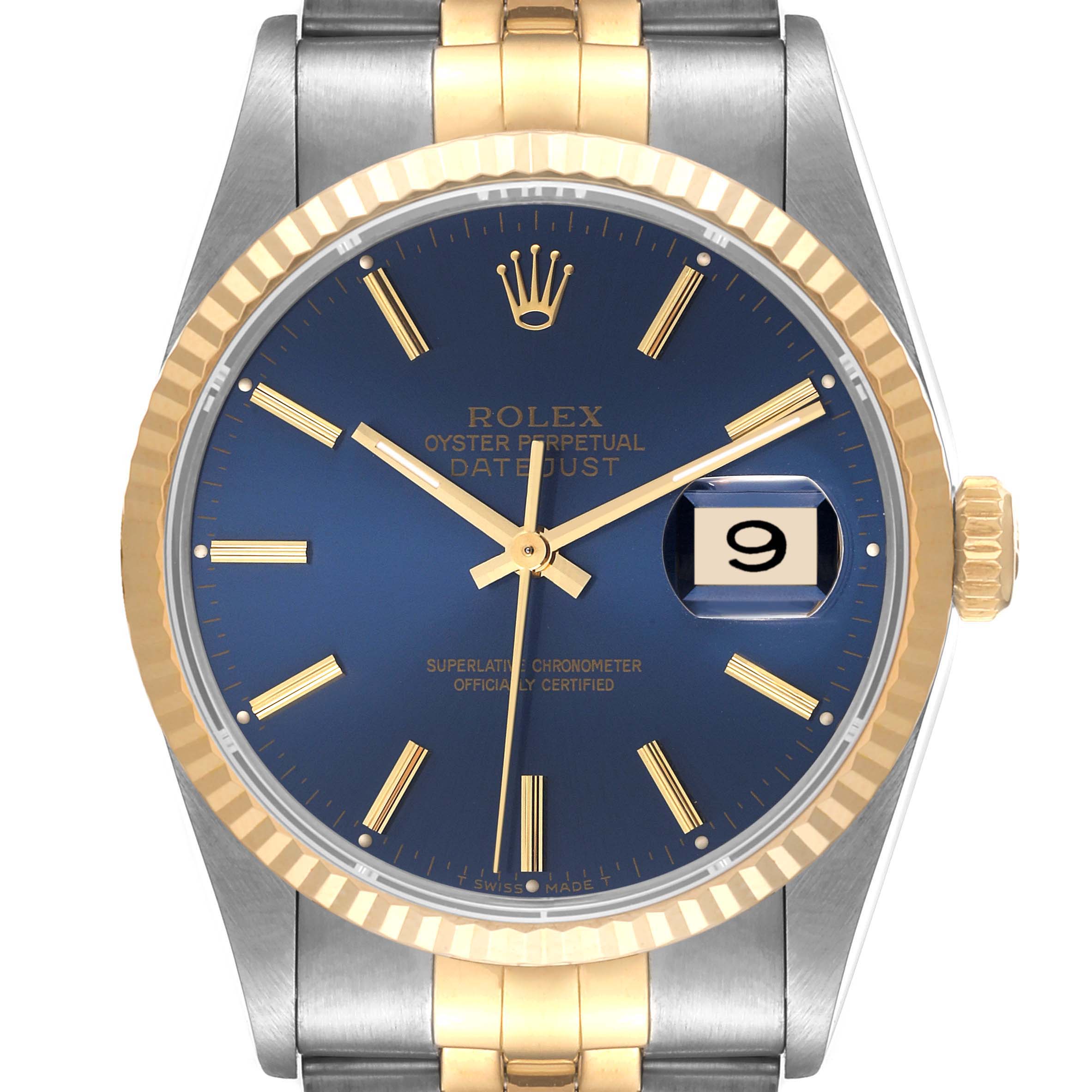 The image shows a front-facing view of a Rolex Datejust 16233 Men's Steel and Gold (two tone) Blue Dial 16233 Men's Steel and Gold (two tone) Blue Dial watch, highlighting its blue dial, gold fluted bezel, and two-tone bracelet.