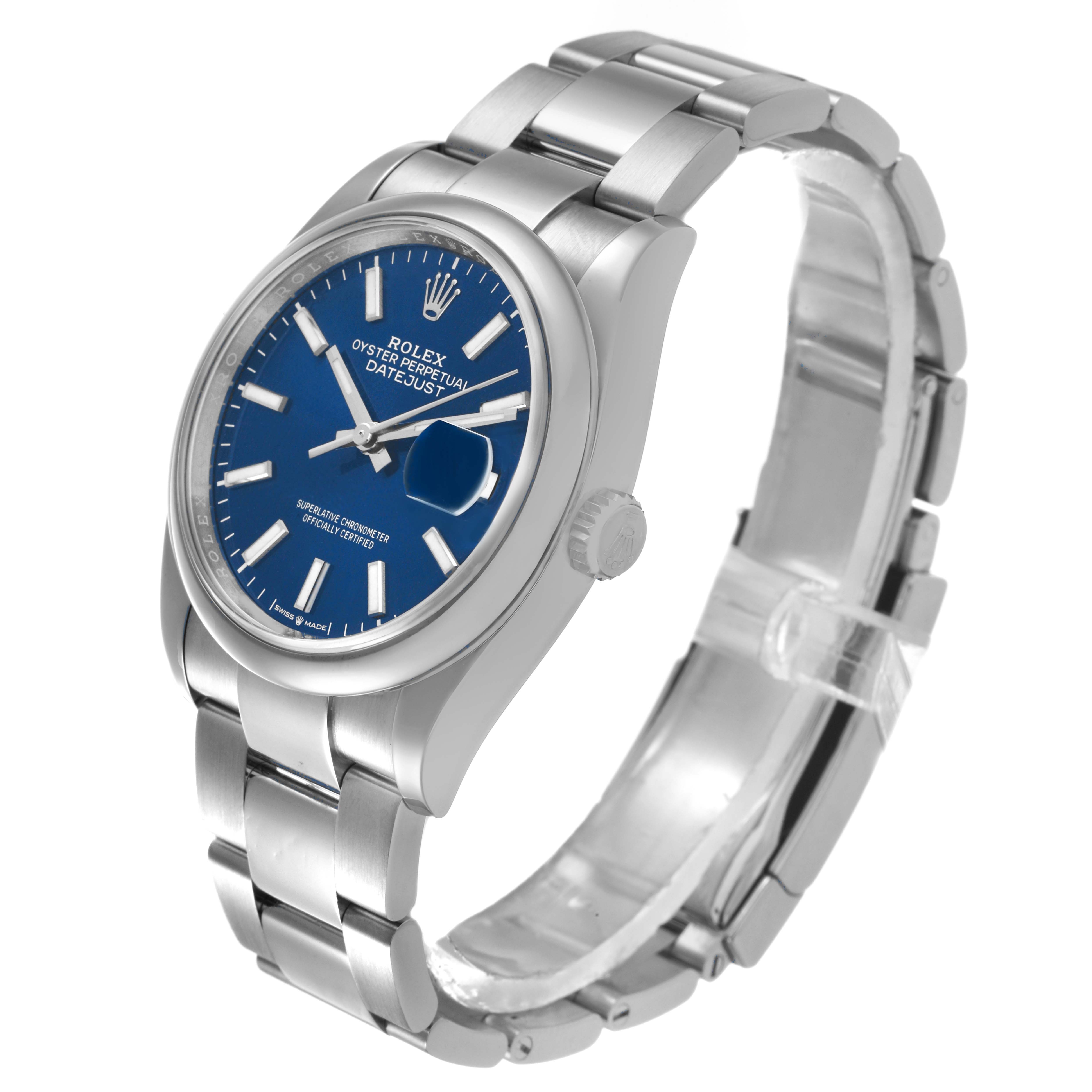 The image shows a Rolex Datejust 126200 Men's Stainless Steel Blue Dial watch angled to display the face, bezel, crown, and part of the bracelet.