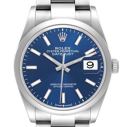 The Rolex Datejust 126200 Men's Stainless Steel Blue Dial watch is shown from a front angle, highlighting the blue dial, hands, indices, and date window.