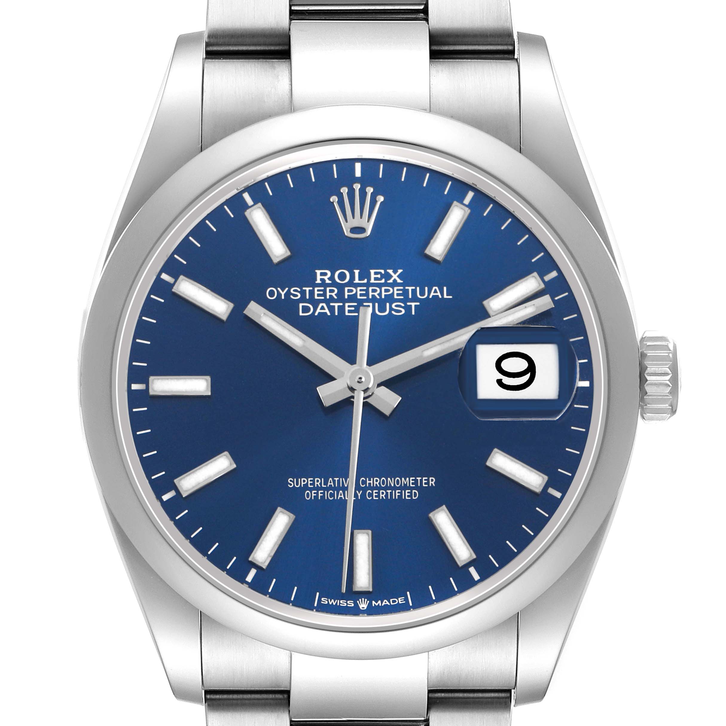 The Rolex Datejust 126200 Men's Stainless Steel Blue Dial watch is shown from the front, displaying the dial, hands, indices, and date window.