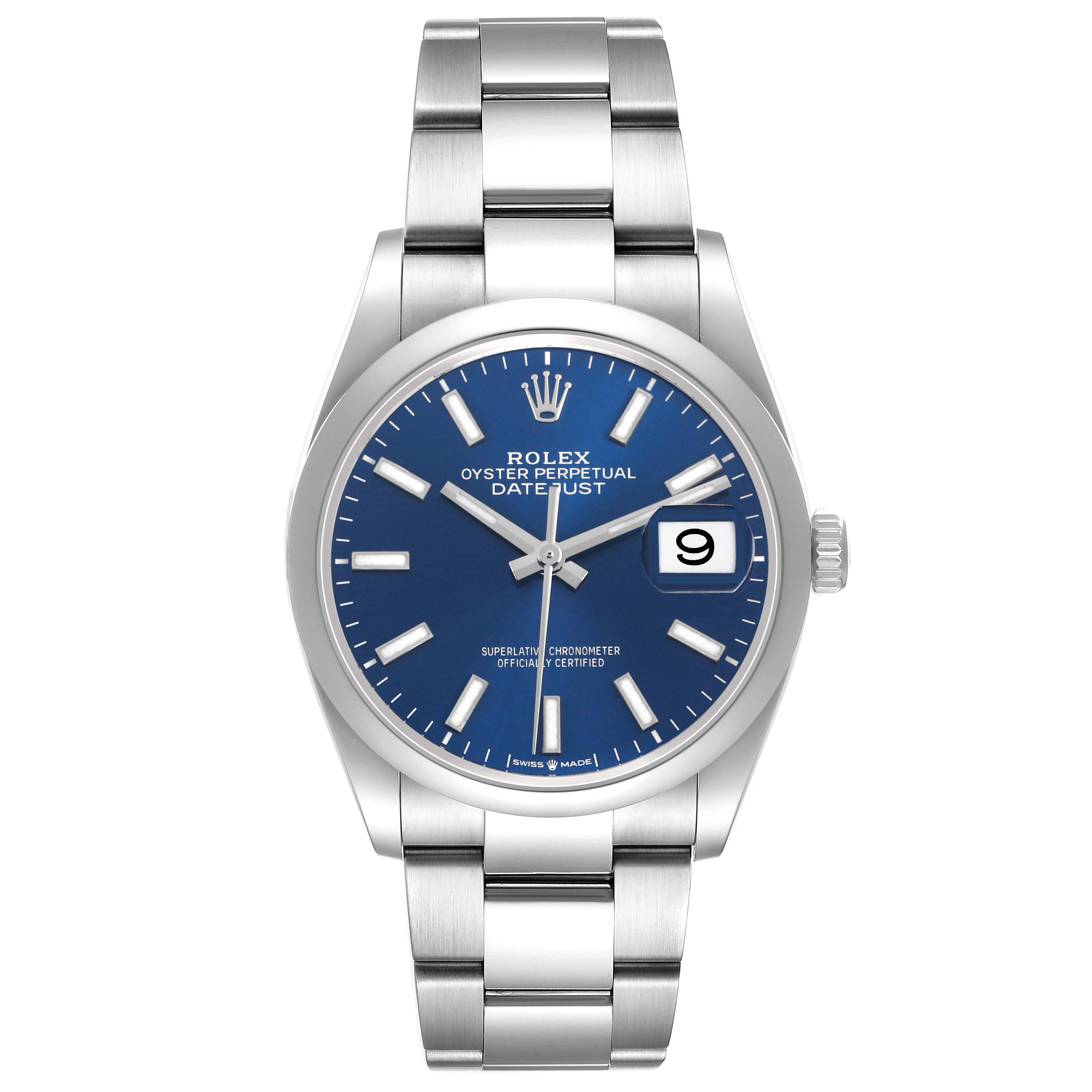 The Rolex Datejust 126200 Men's Stainless Steel Blue Dial watch is shown from the front, highlighting its blue dial, oyster bracelet, and date function at 3 o'clock.