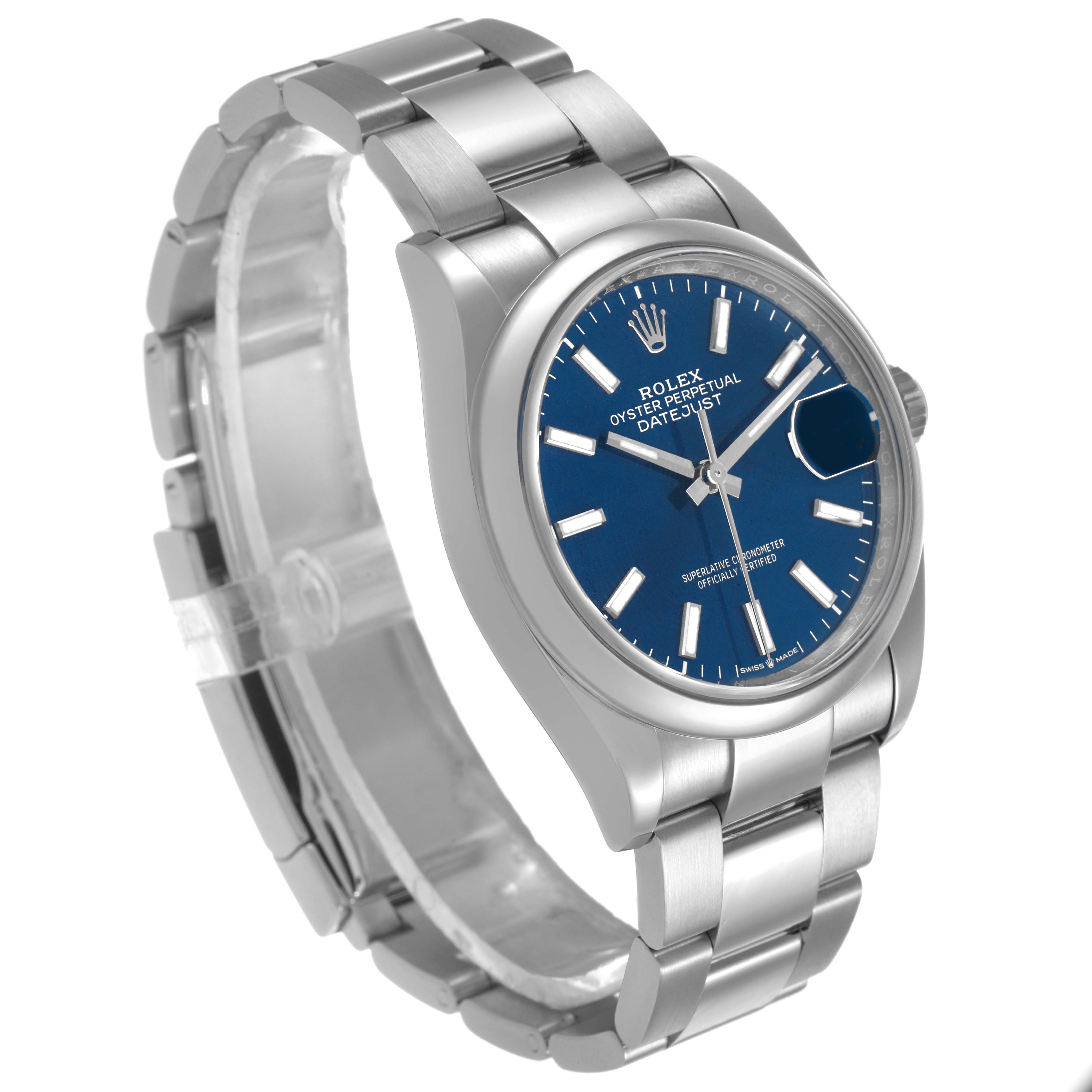 The Rolex Datejust 126200 Men's Stainless Steel Blue Dial watch is shown at an oblique angle, highlighting its blue dial, case, bracelet, and magnified date window.
