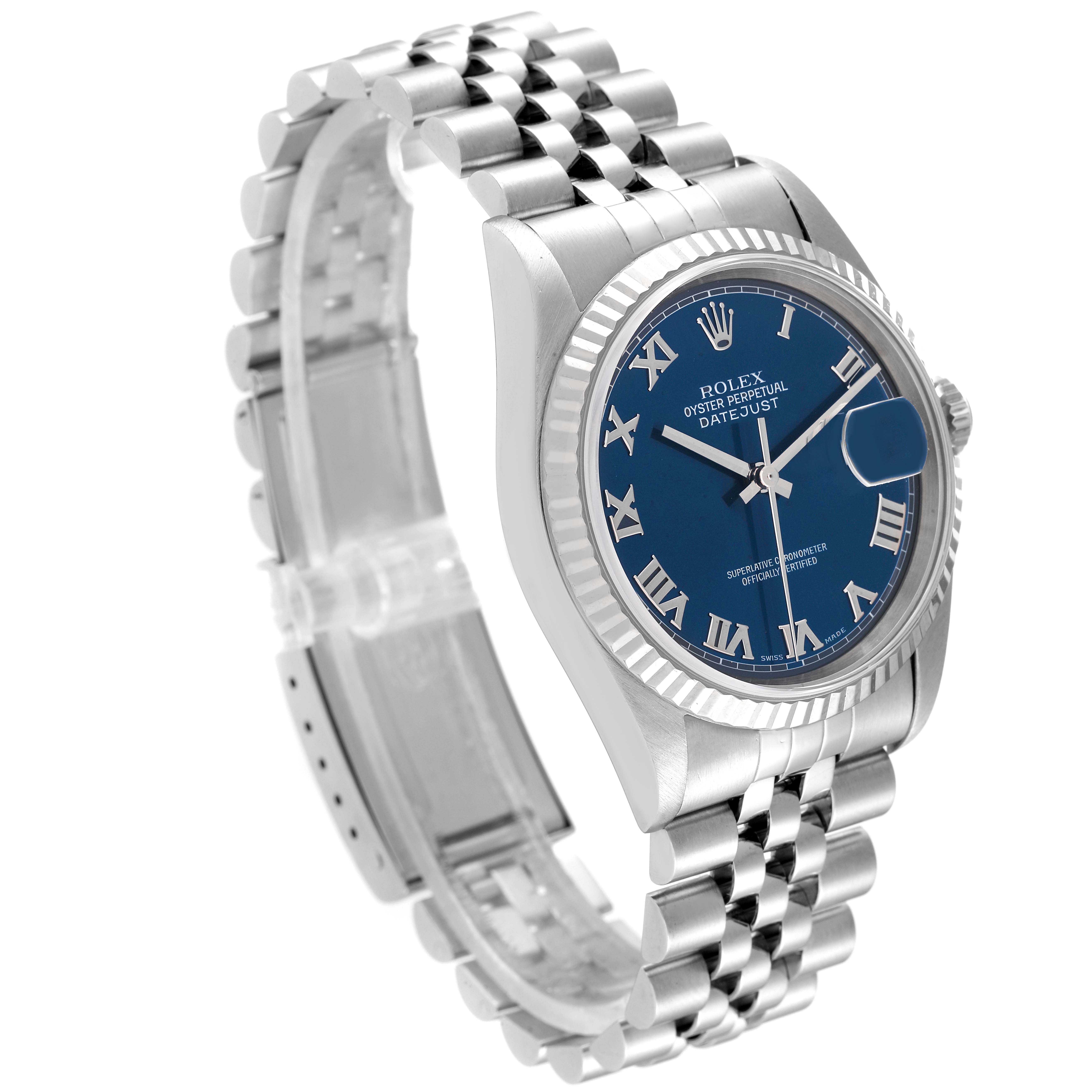 This image shows a side-angle view of the Rolex Datejust 16234 Men's Stainless Steel Blue Dial 16234 Men's Stainless Steel Blue Dial watch, highlighting its blue dial, Roman numerals, and Jubilee bracelet.