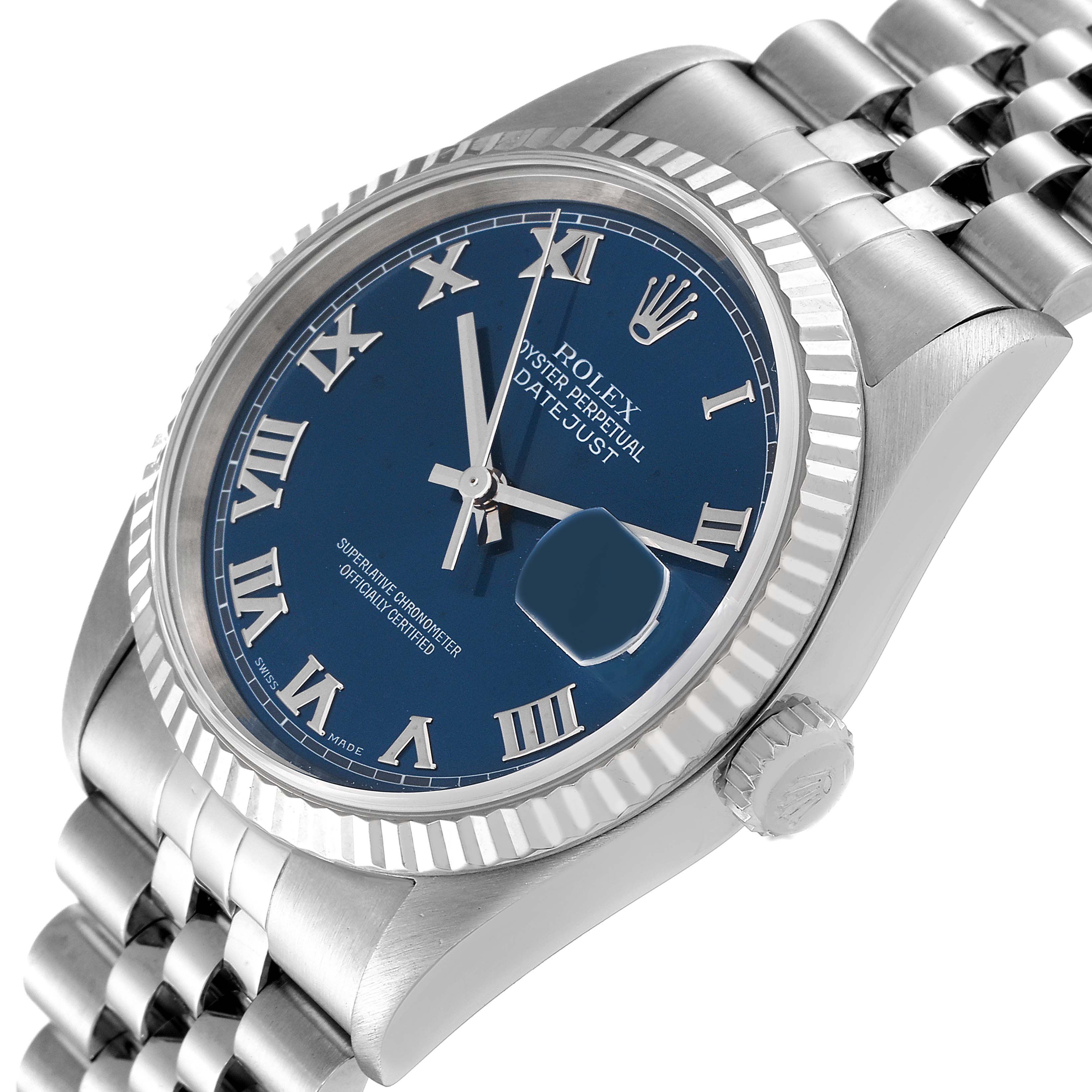 The Rolex Datejust 16234 Men's Stainless Steel Blue Dial 16234 Men's Stainless Steel Blue Dial watch is shown from an oblique angle, highlighting its fluted bezel, blue dial, and Roman numeral markers.