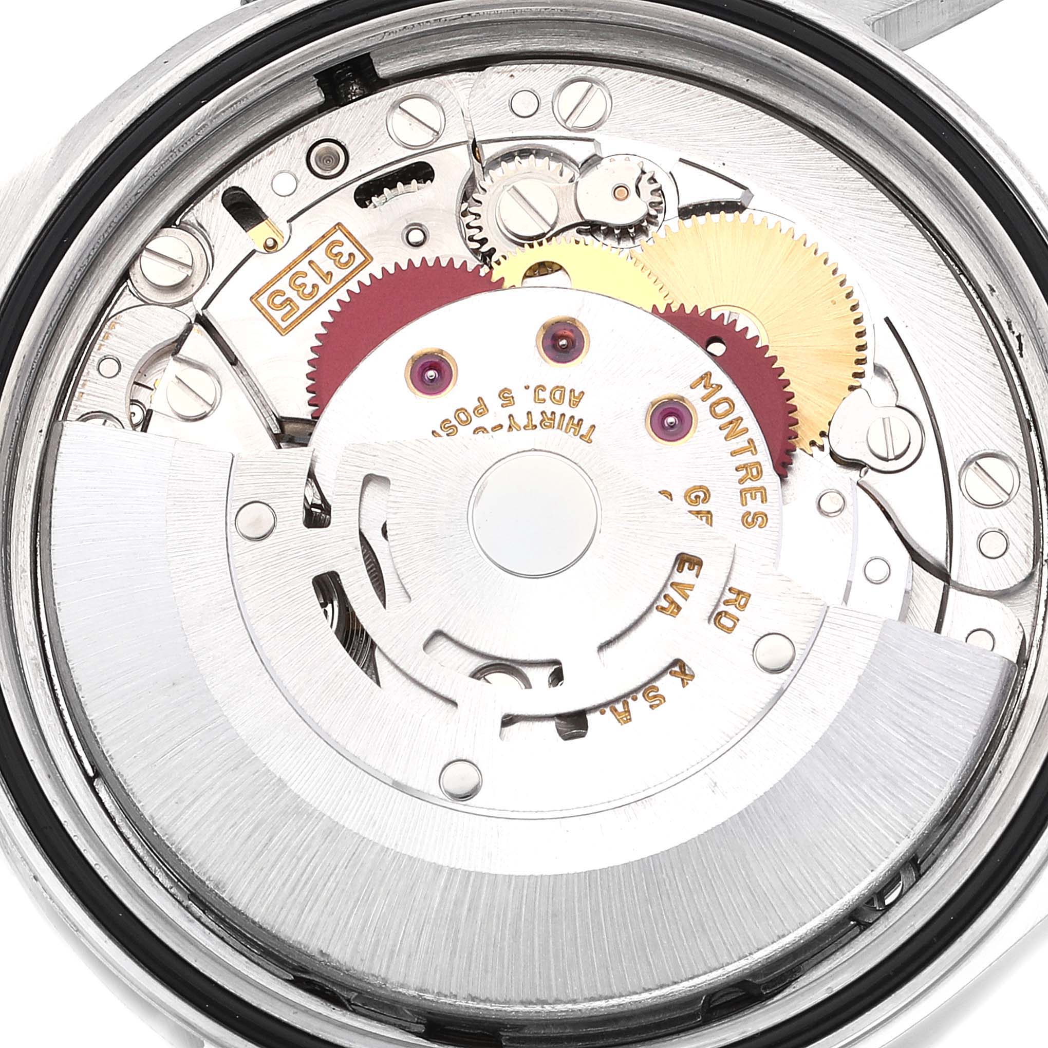 This image shows the internal movement mechanism of a Rolex Datejust 16234 Men's Stainless Steel Blue Dial 16234 Men's Stainless Steel Blue Dial watch from a top-down perspective.