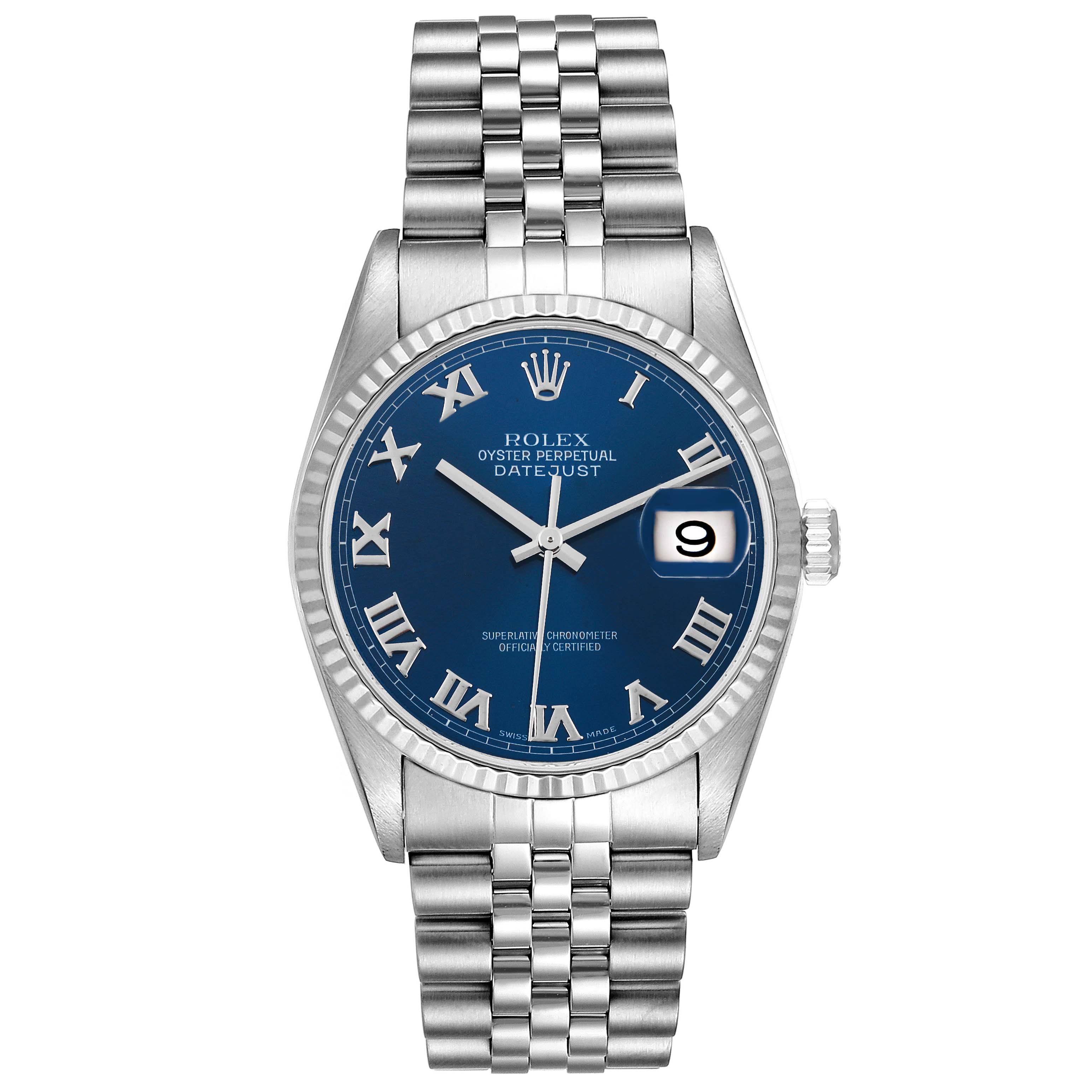 The Rolex Datejust 16234 Men's Stainless Steel Blue Dial 16234 Men's Stainless Steel Blue Dial watch is shown from a front angle, displaying its blue dial, Roman numerals, fluted bezel, and Jubilee bracelet.
