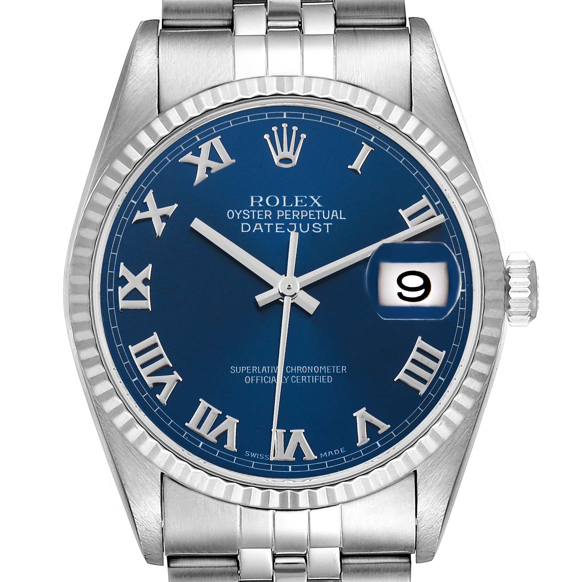 This image shows a frontal view of a Rolex Datejust 16234 Men's Stainless Steel Blue Dial 16234 Men's Stainless Steel Blue Dial watch with a blue dial and Roman numeral markers.
