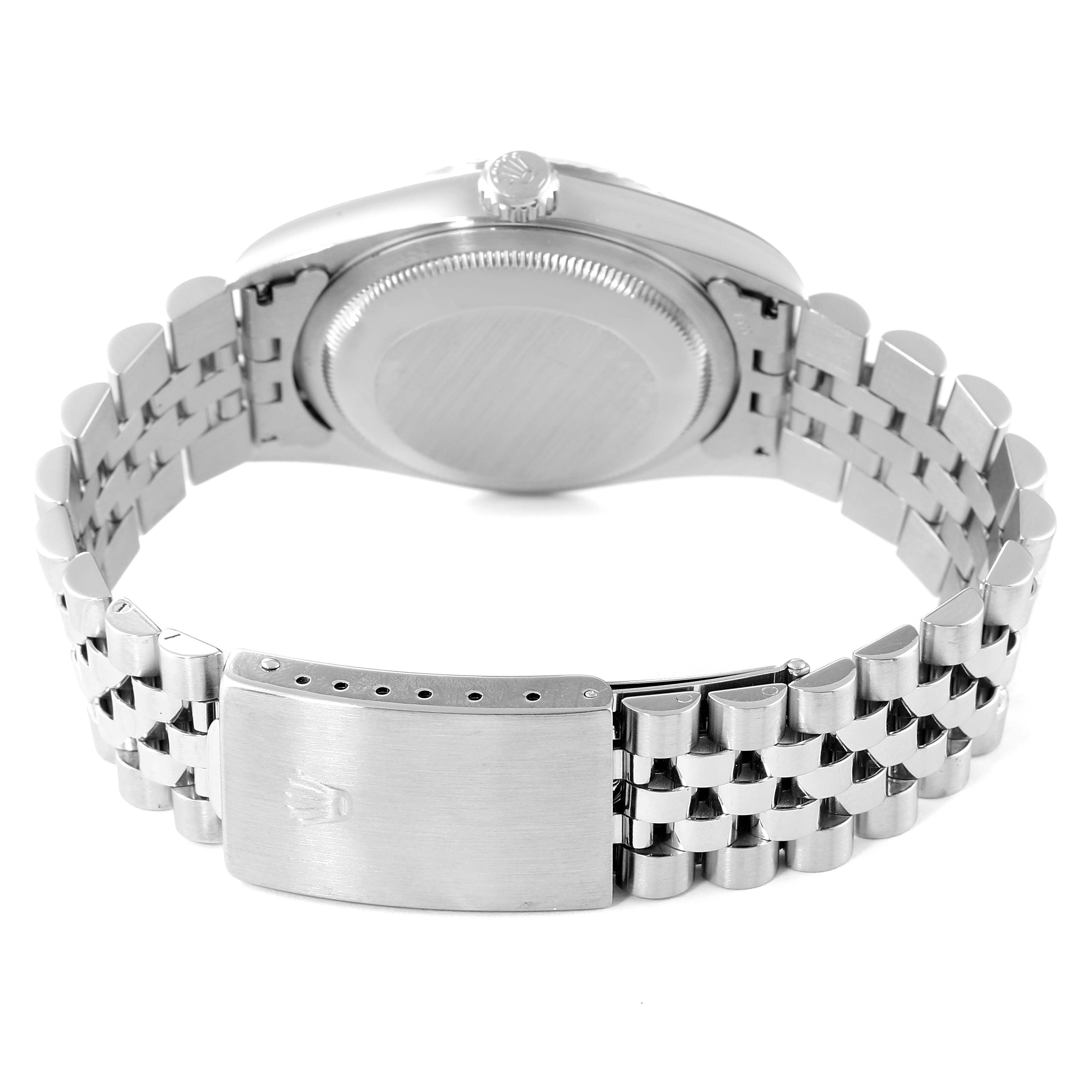 This image shows the back case, bracelet, and clasp of a Rolex Datejust 16234 Men's Stainless Steel Blue Dial 16234 Men's Stainless Steel Blue Dial watch from a rear angle.