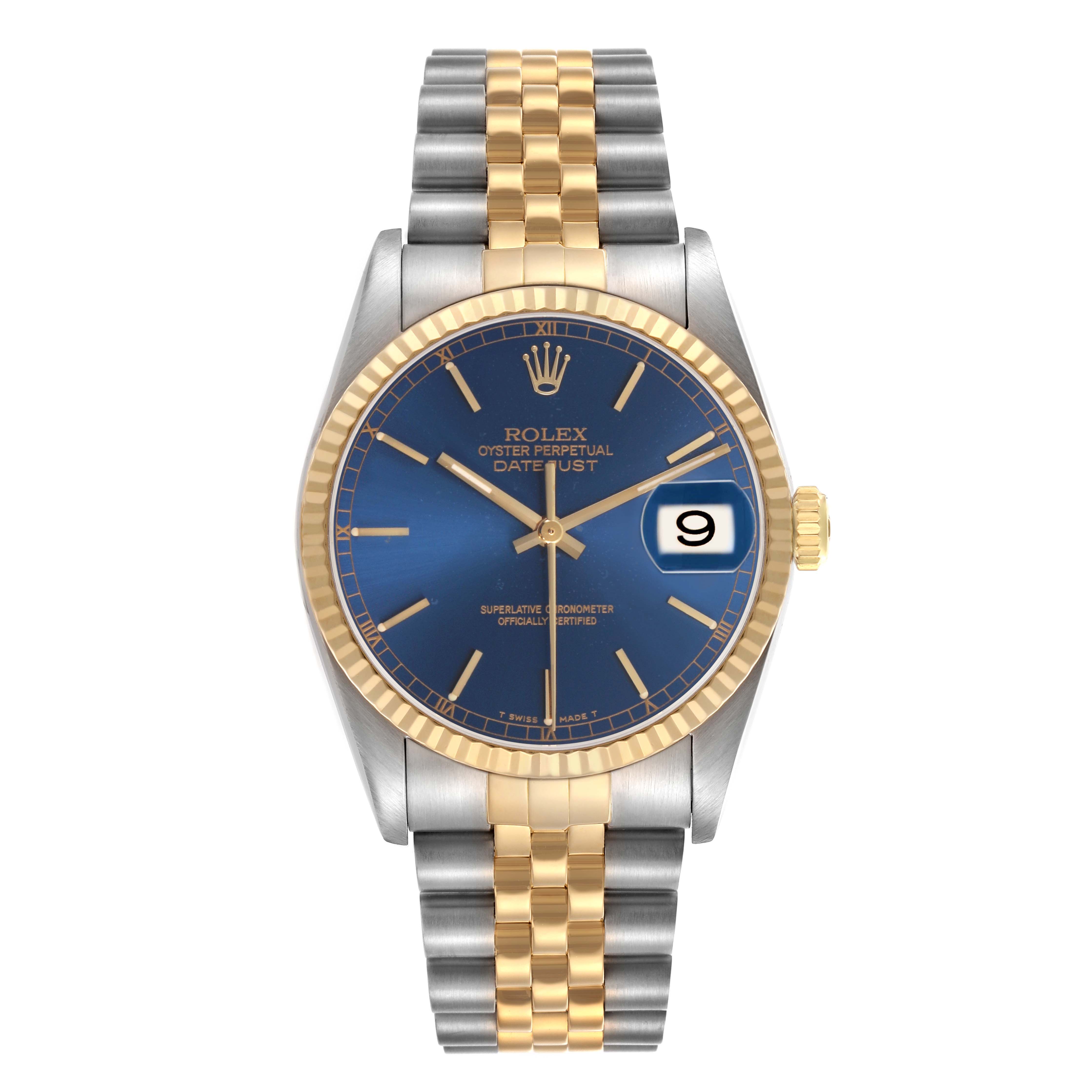 The image shows a Rolex Datejust 16233 Men's Stainless Steel Blue Dial watch from a front angle, highlighting its blue dial, two-tone Jubilee bracelet, and fluted bezel.