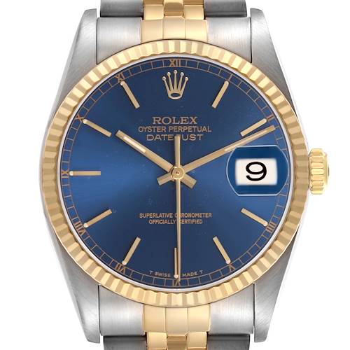 The Rolex Datejust 16233 Men's Stainless Steel Blue Dial watch is shown from the front, highlighting the blue dial, gold fluted bezel, and date window.