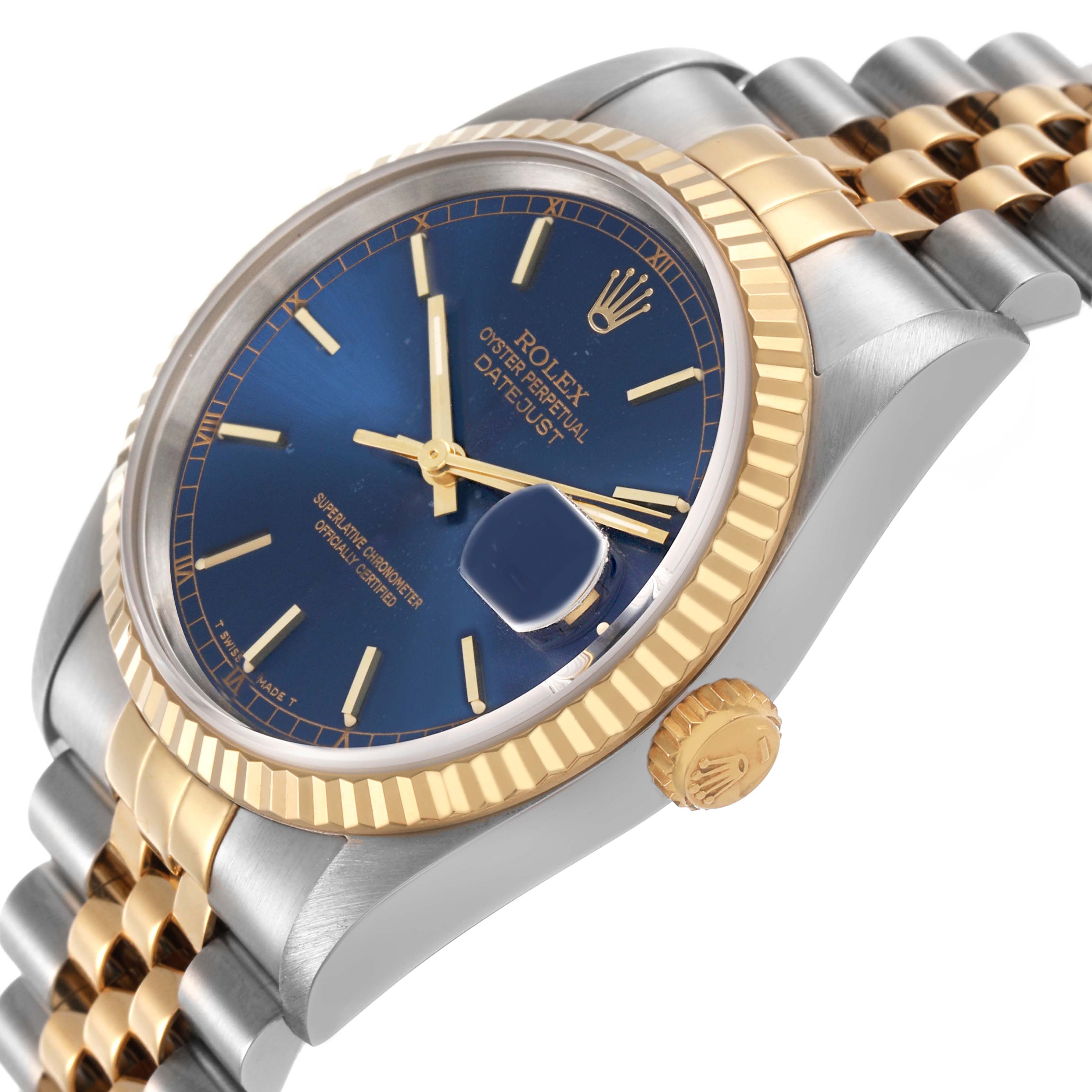The Rolex Datejust 16233 Men's Stainless Steel Blue Dial watch is shown at an angle highlighting the blue dial, fluted bezel, crown, and Jubilee bracelet.