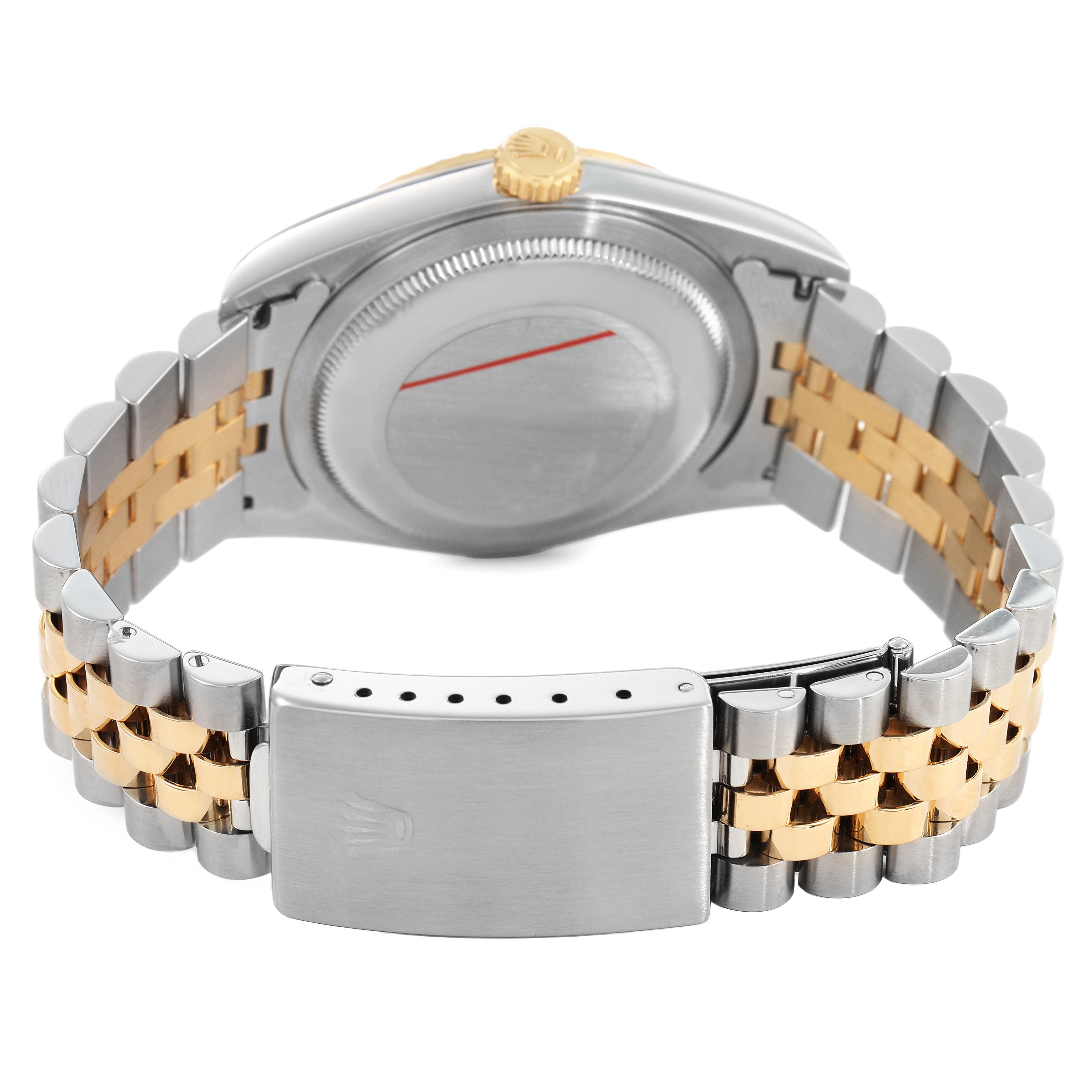 The image shows the back of a Rolex Datejust 16233 Men's Stainless Steel Blue Dial watch, highlighting the case back, crown, and two-tone bracelet with clasp.