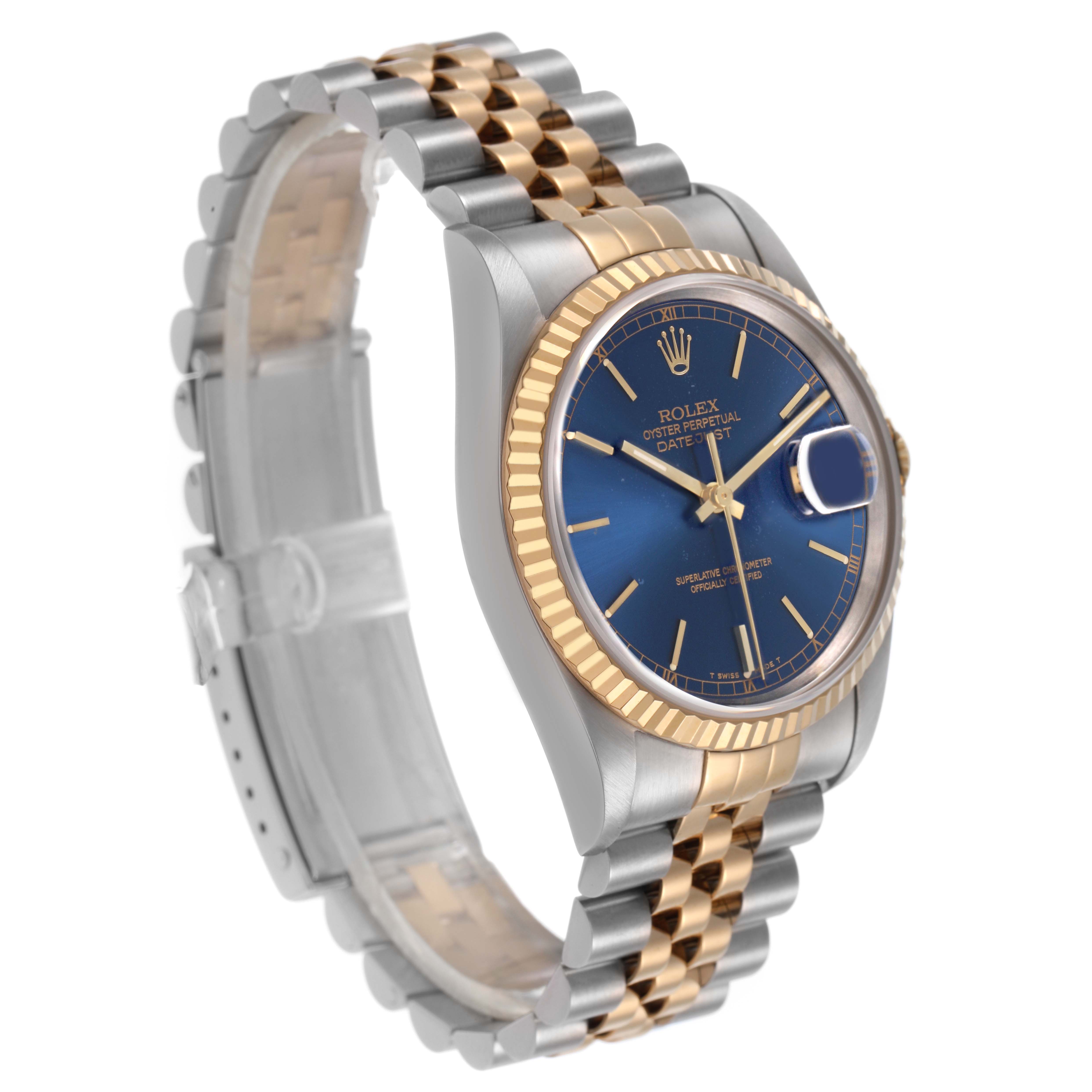 The Rolex Datejust 16233 Men's Stainless Steel Blue Dial watch is shown at an angle displaying the face, bezel, crown, and two-tone bracelet.