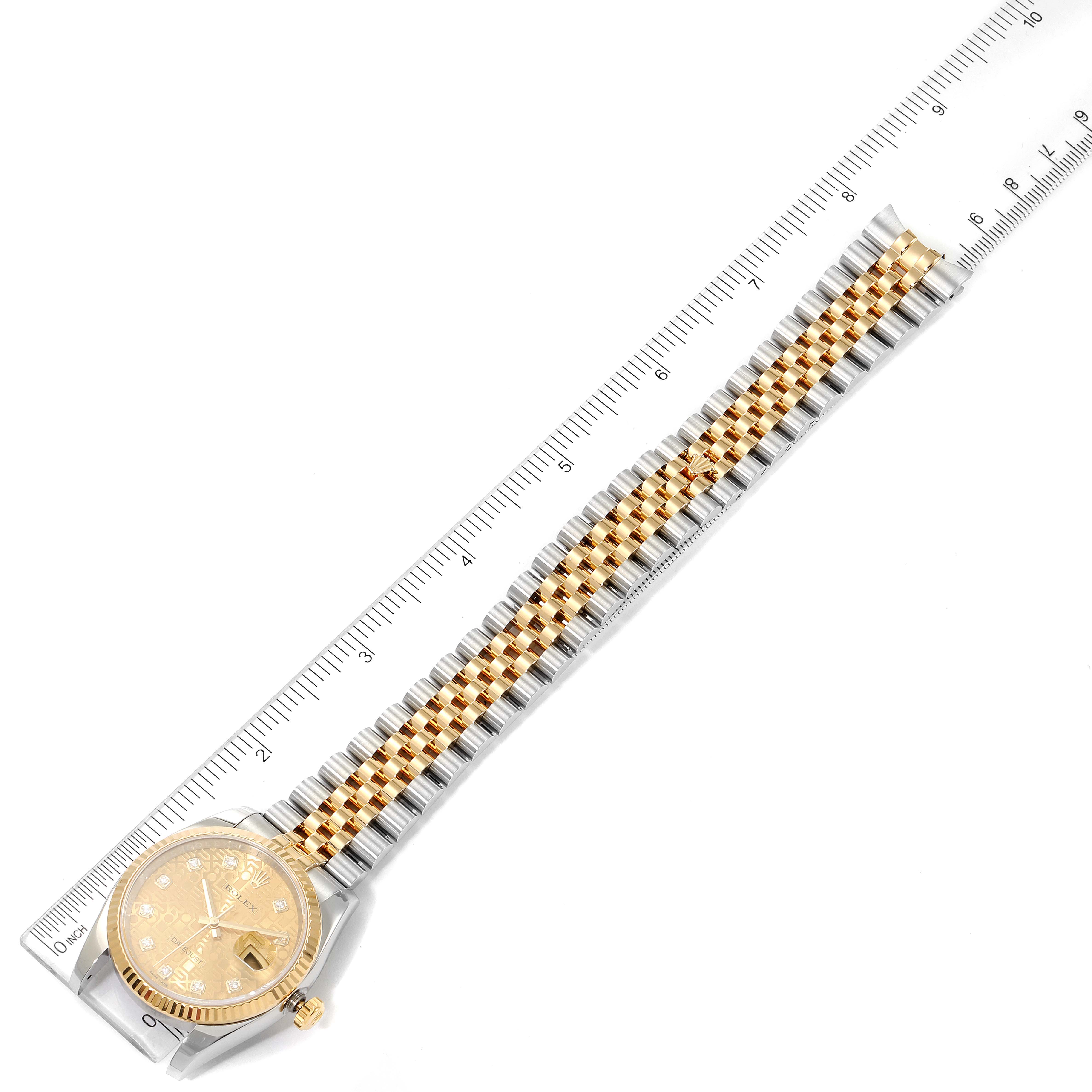 The image shows a Rolex Datejust 116233 Men's Steel and Gold (two tone) Champagne Dial 116233 Men's Steel and Gold (two tone) Champagne Dial watch laid flat with a gold and silver bracelet, alongside a ruler for scale measurement.