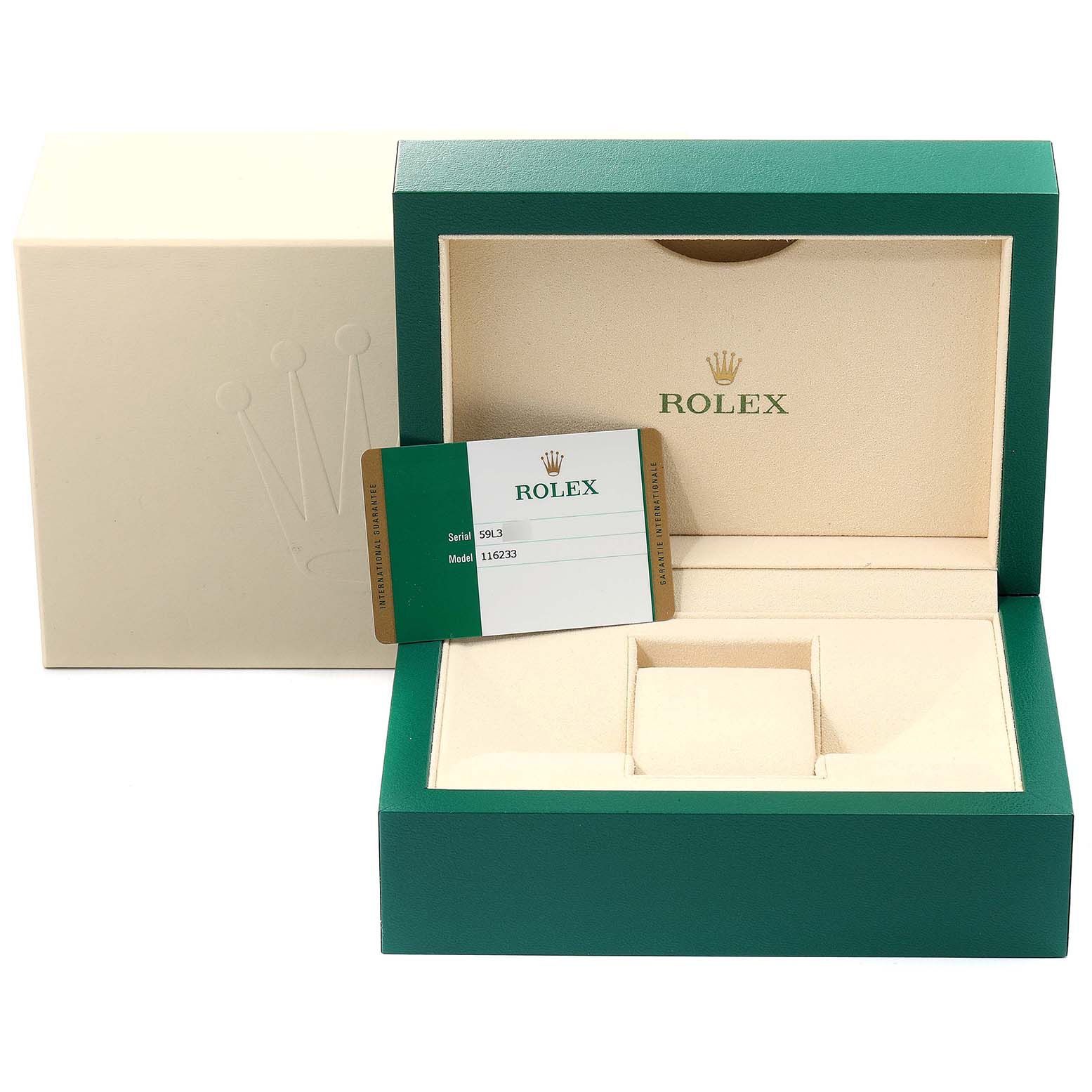 This image shows the packaging and certification card for a Rolex Datejust 116233 Men's Steel and Gold (two tone) Champagne Dial 116233 Men's Steel and Gold (two tone) Champagne Dial watch, including an open box and outer case. 
