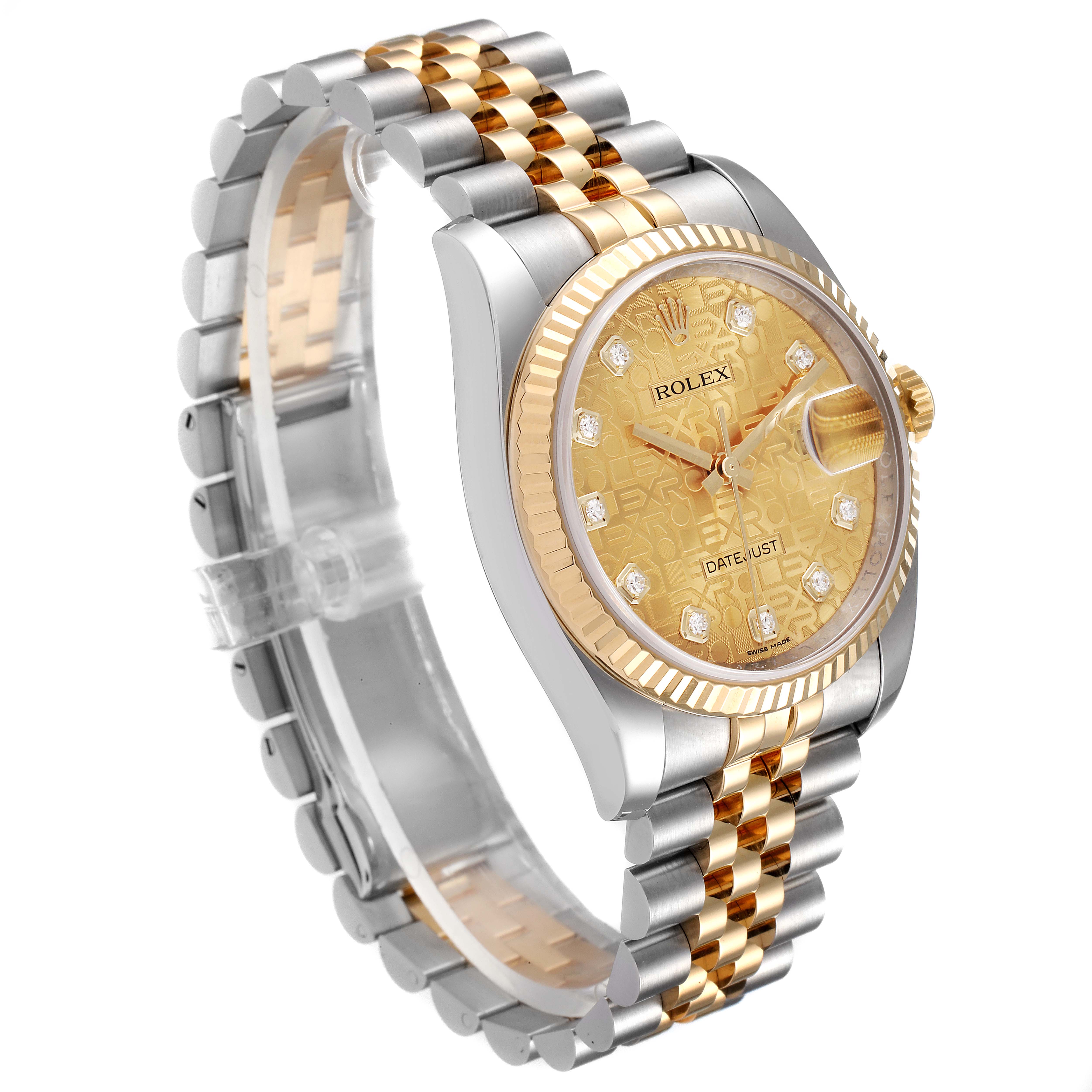 This image shows a side view of a Rolex Datejust 116233 Men's Steel and Gold (two tone) Champagne Dial 116233 Men's Steel and Gold (two tone) Champagne Dial watch, displaying its gold and stainless steel bracelet and dial.